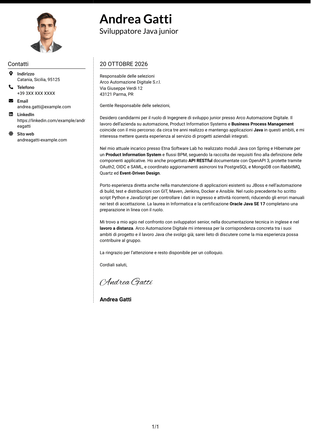 Lettera di presentazione Moderno (formato a due colonne con foto a sinistra e separatore): Ingegnere di sviluppo junior - Automazione dei processi, pagina 1