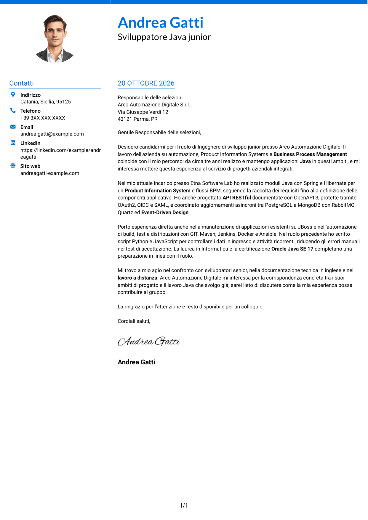 Lettera di presentazione Audace (formato a due colonne con accenti colorati e foto): Ingegnere di sviluppo junior - Automazione dei processi, pagina 1