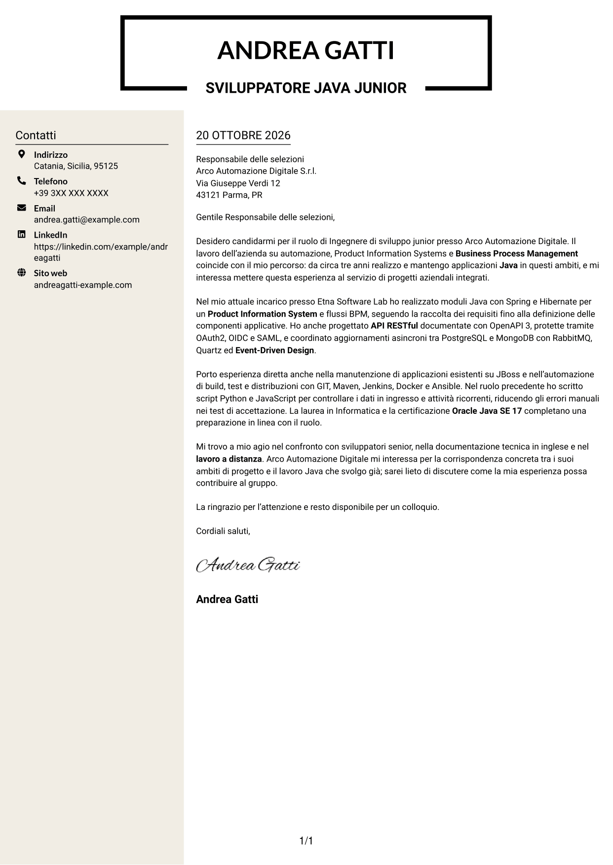 Lettera di presentazione Intraprendente (formato a due colonne con intestazione centrata senza foto): Ingegnere di sviluppo junior - Automazione dei processi, pagina 1