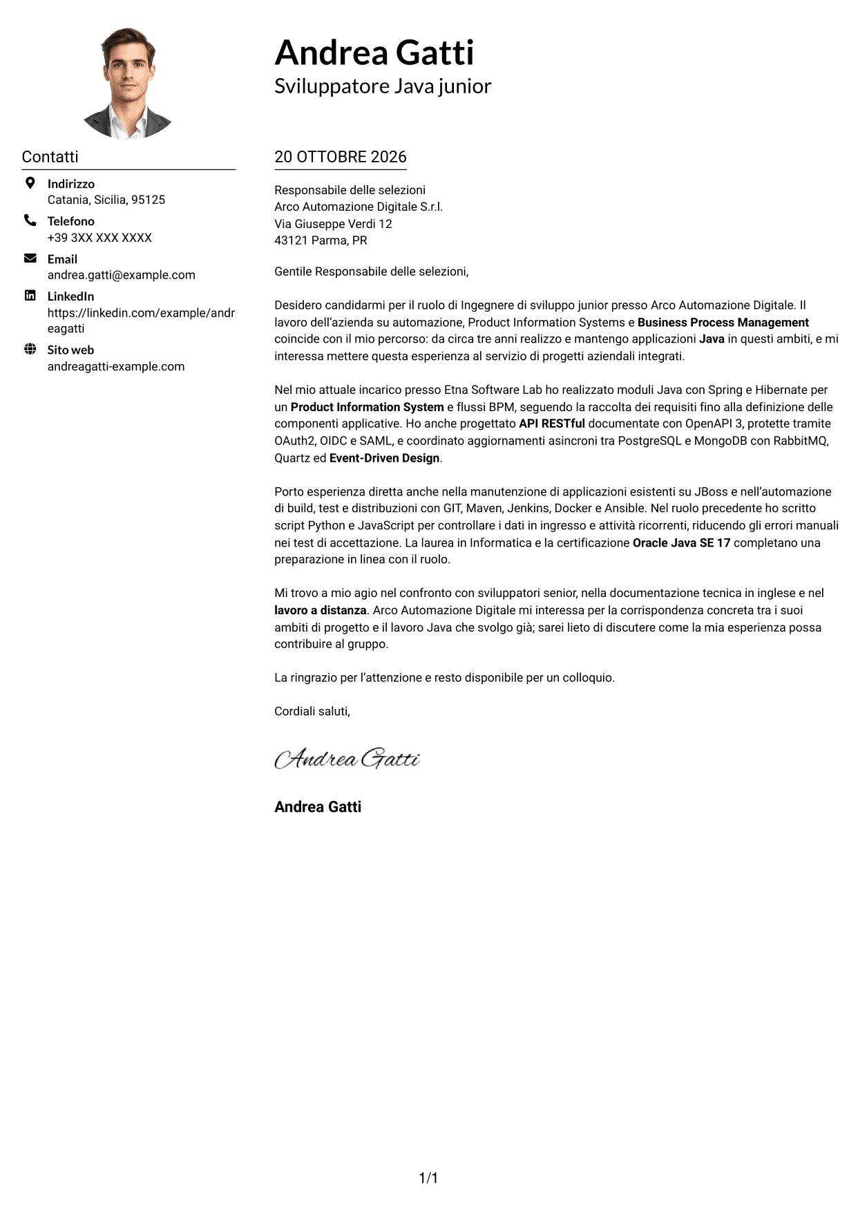 Esempio di lettera di presentazione — pagina 1