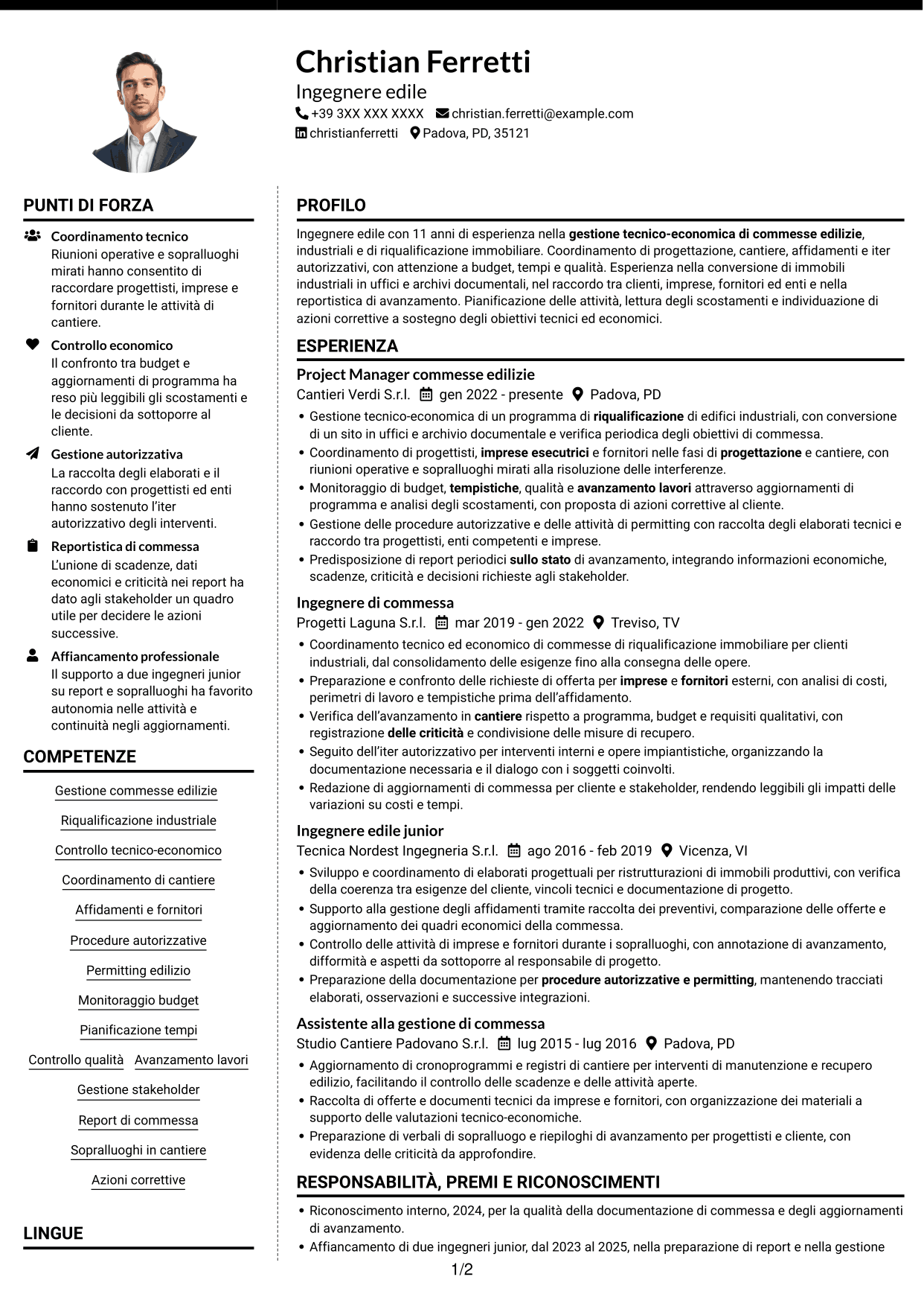CV Moderno (formato a due colonne con foto a sinistra e separatore): Ingegnere Edile / Architetto - Riqualificazione immobiliare industriale, pagina 1