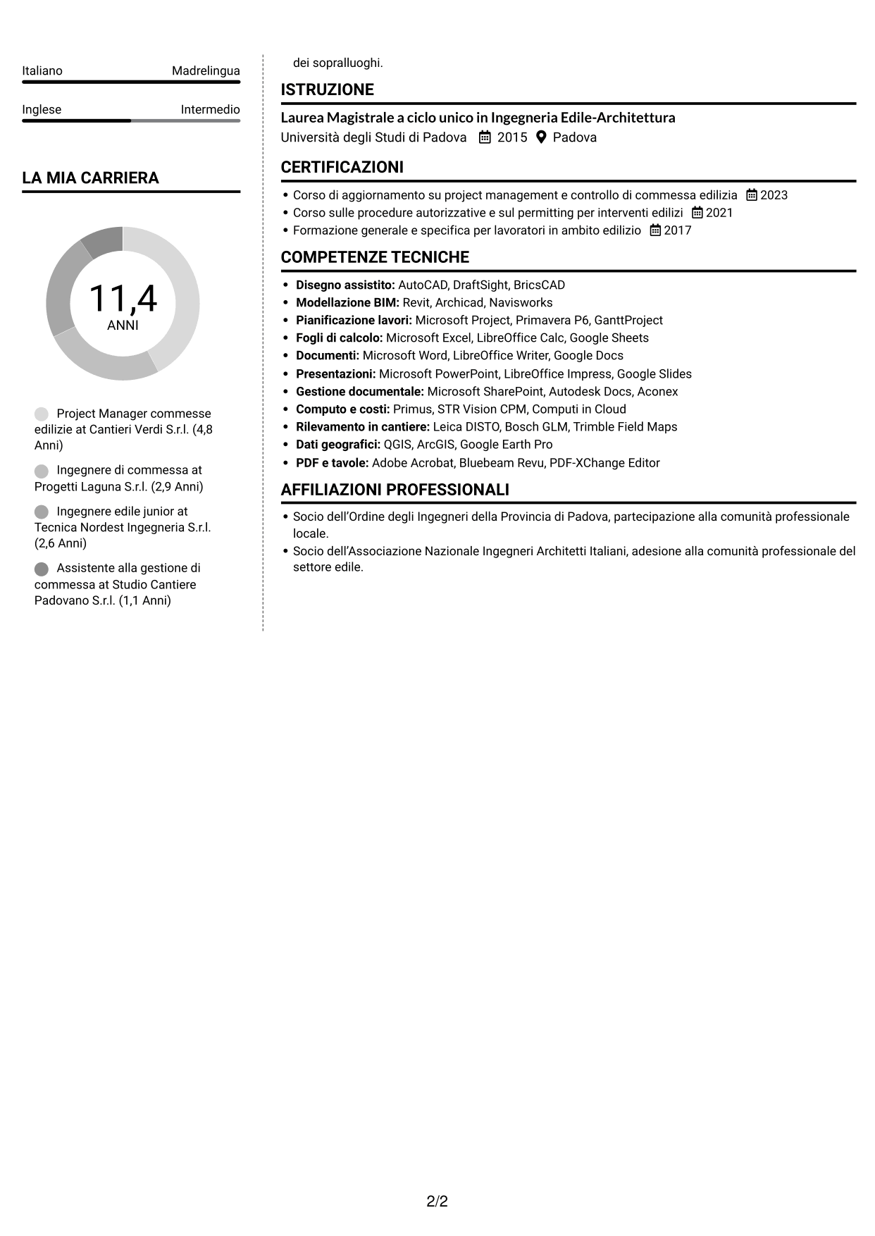 CV Moderno (formato a due colonne con foto a sinistra e separatore): Ingegnere Edile / Architetto - Riqualificazione immobiliare industriale, pagina 2