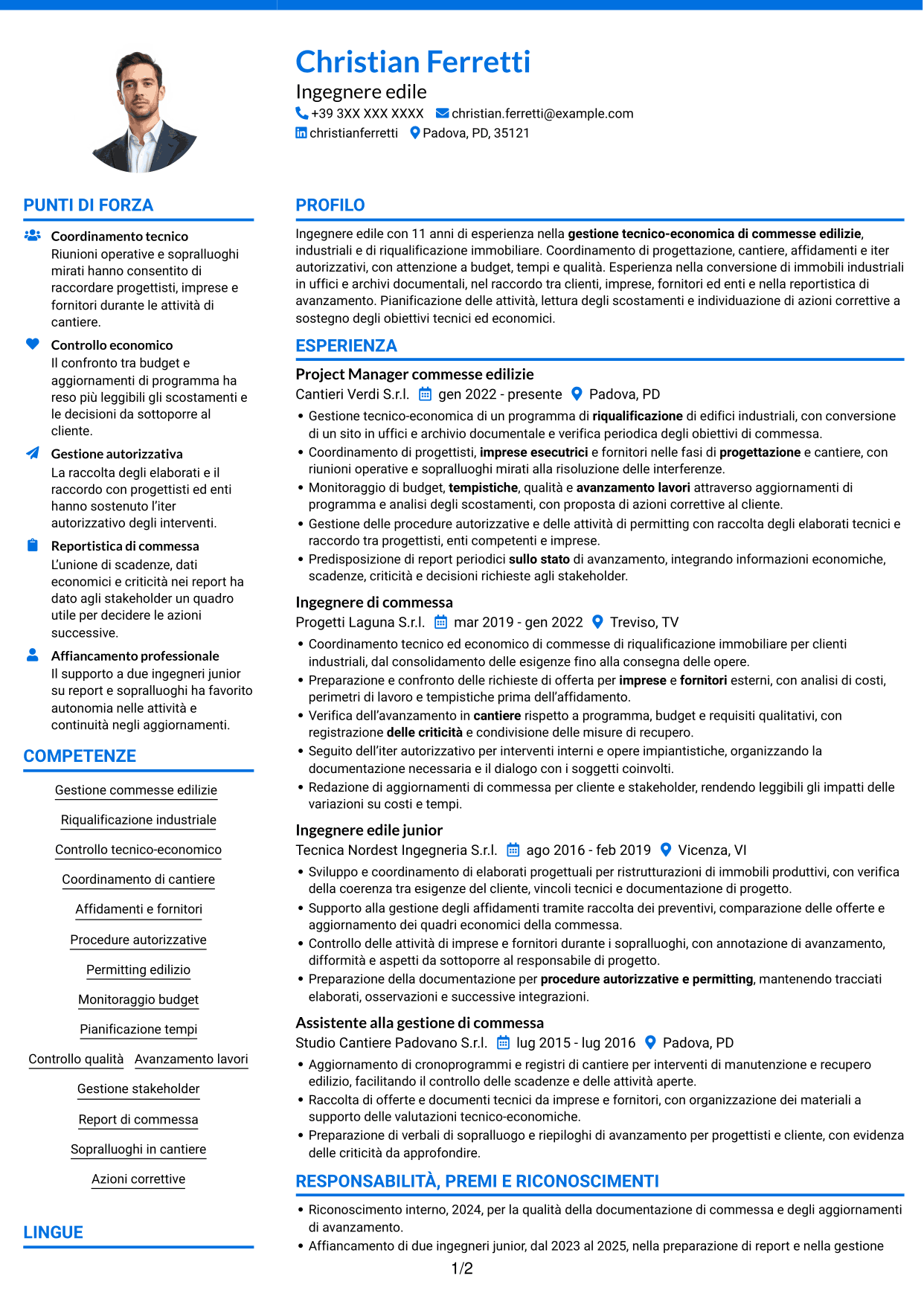 CV Audace (formato a due colonne con accenti colorati e foto): Ingegnere Edile / Architetto - Riqualificazione immobiliare industriale, pagina 1