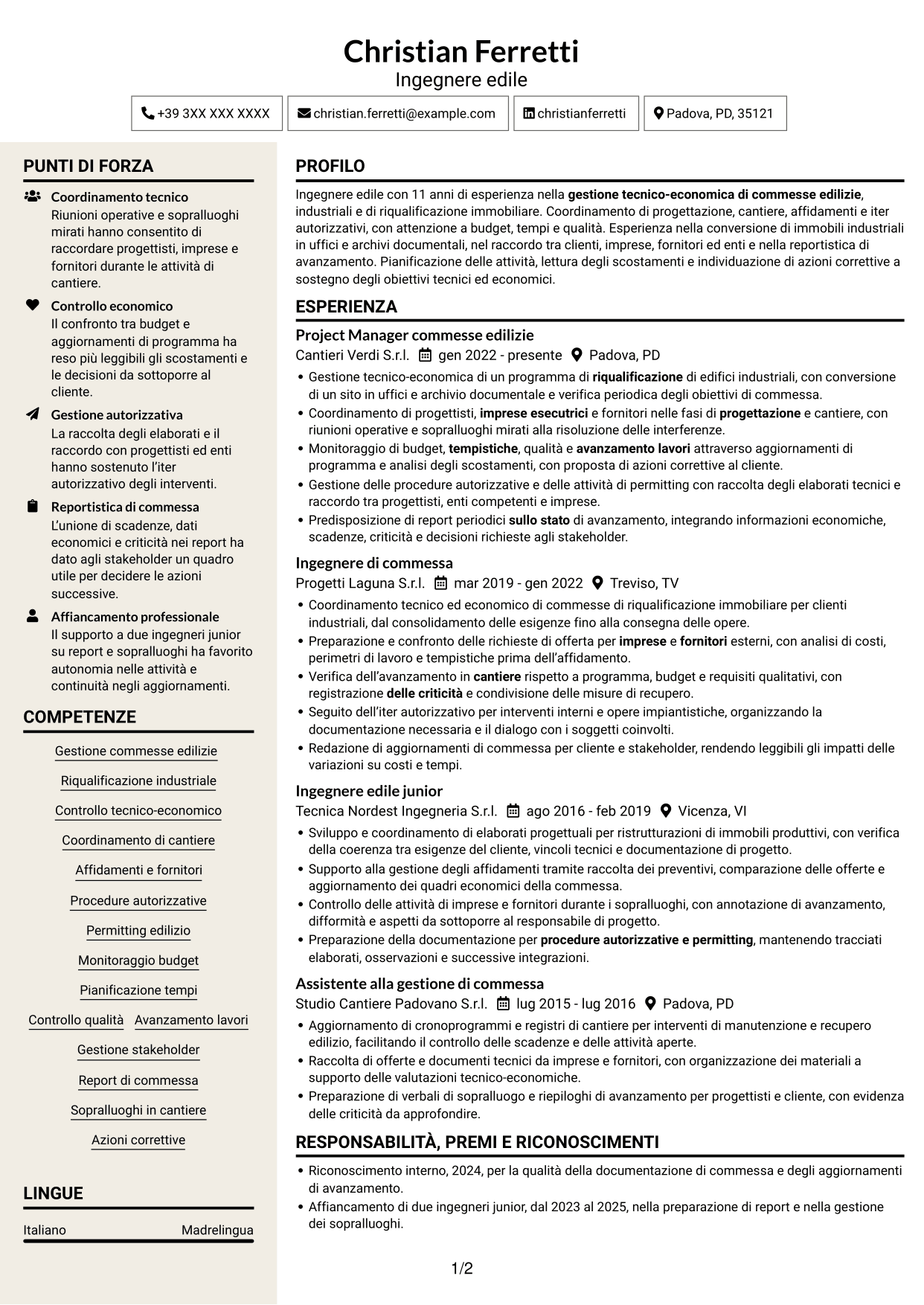 CV Intraprendente (formato a due colonne con intestazione centrata senza foto): Ingegnere Edile / Architetto - Riqualificazione immobiliare industriale, pagina 1