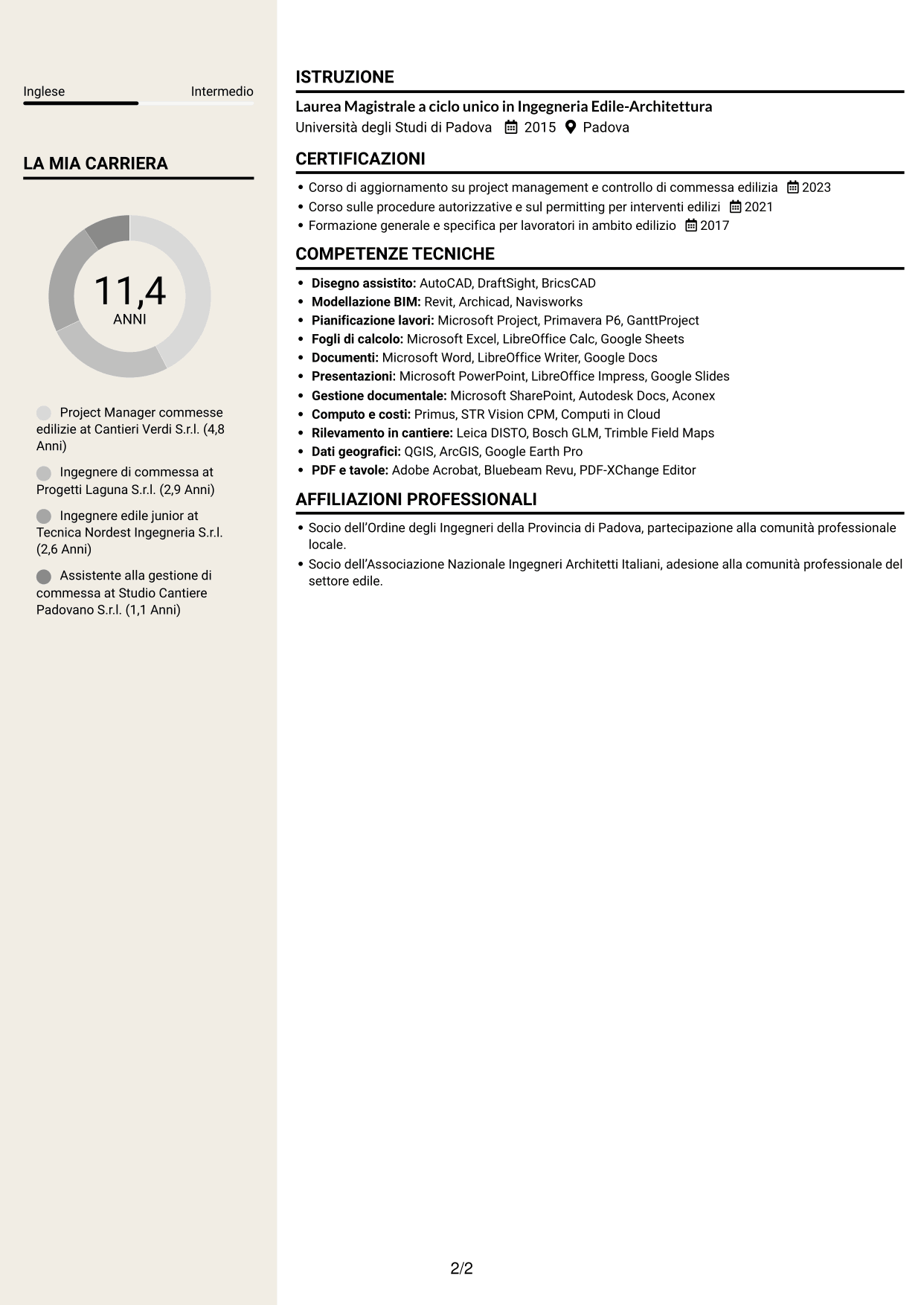 CV Intraprendente (formato a due colonne con intestazione centrata senza foto): Ingegnere Edile / Architetto - Riqualificazione immobiliare industriale, pagina 2