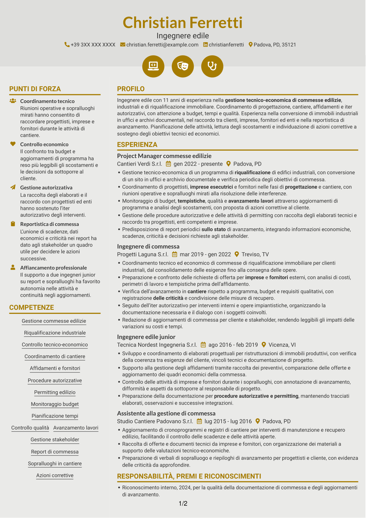 CV Dinamico (formato a due colonne con icone): Ingegnere Edile / Architetto - Riqualificazione immobiliare industriale, pagina 1