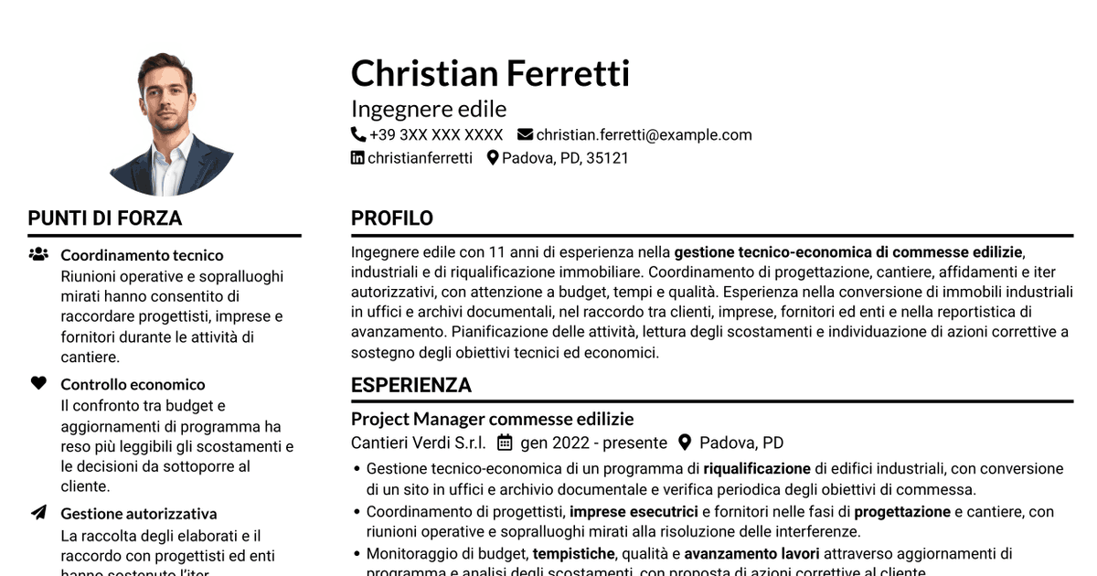 7 modelli di CV per Ingegnere Edile / Architetto - Riqualificazione immobiliare industriale, con esempi