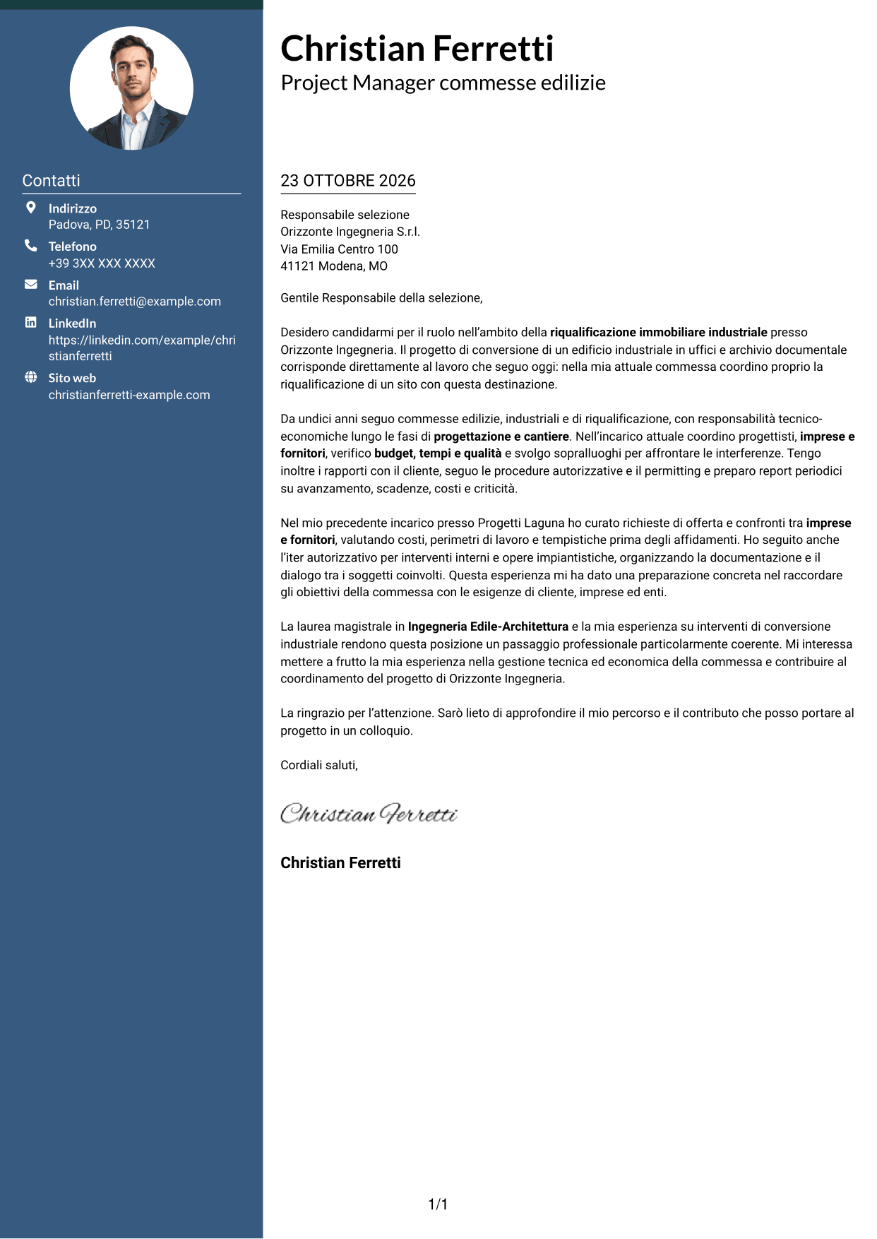 Lettera di presentazione Elegante (formato con colonna laterale colorata e foto): Ingegnere Edile / Architetto - Riqualificazione immobiliare industriale, pagina 1