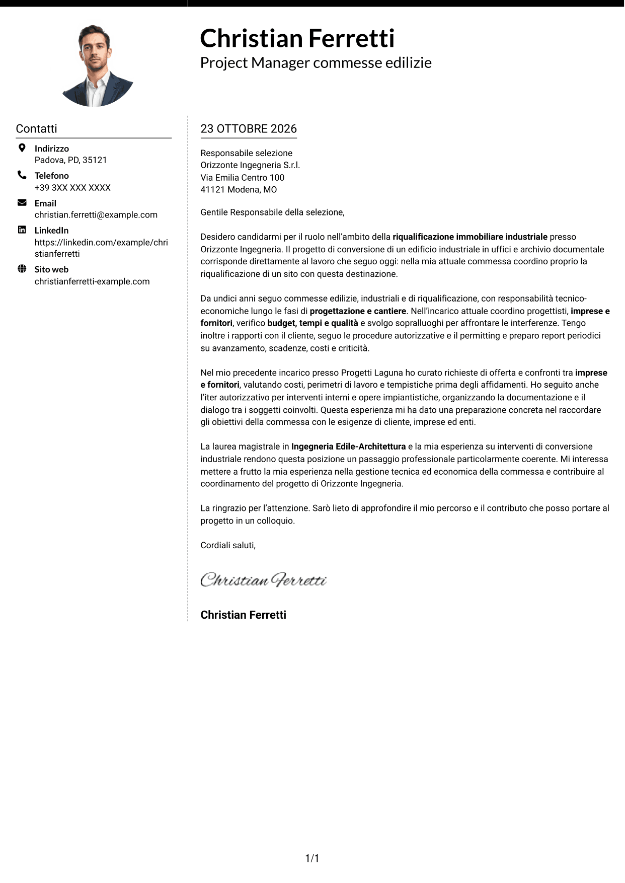 Lettera di presentazione Moderno (formato a due colonne con foto a sinistra e separatore): Ingegnere Edile / Architetto - Riqualificazione immobiliare industriale, pagina 1