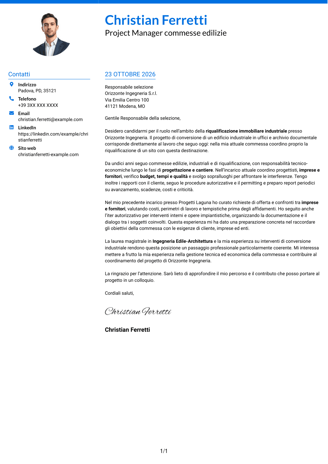Lettera di presentazione Audace (formato a due colonne con accenti colorati e foto): Ingegnere Edile / Architetto - Riqualificazione immobiliare industriale, pagina 1