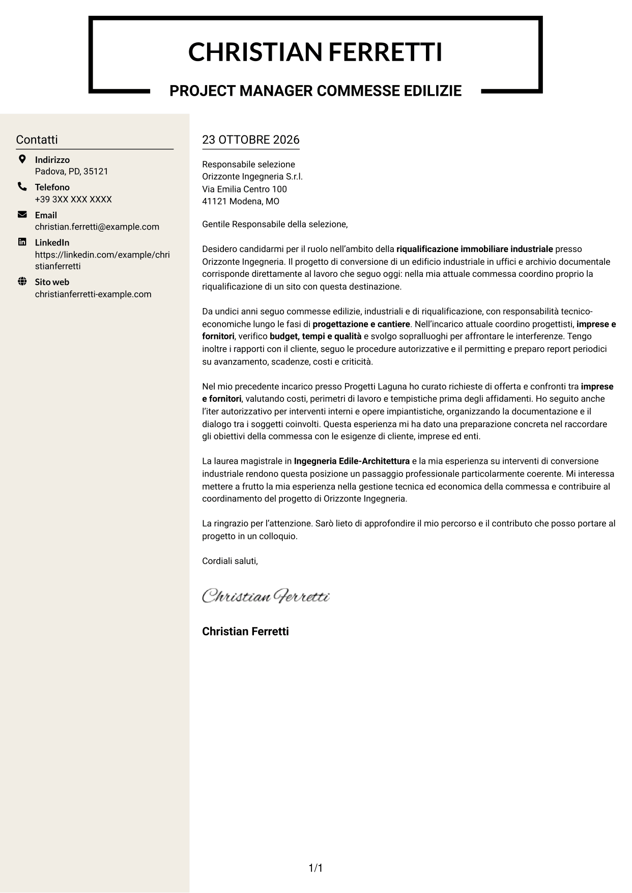 Lettera di presentazione Intraprendente (formato a due colonne con intestazione centrata senza foto): Ingegnere Edile / Architetto - Riqualificazione immobiliare industriale, pagina 1