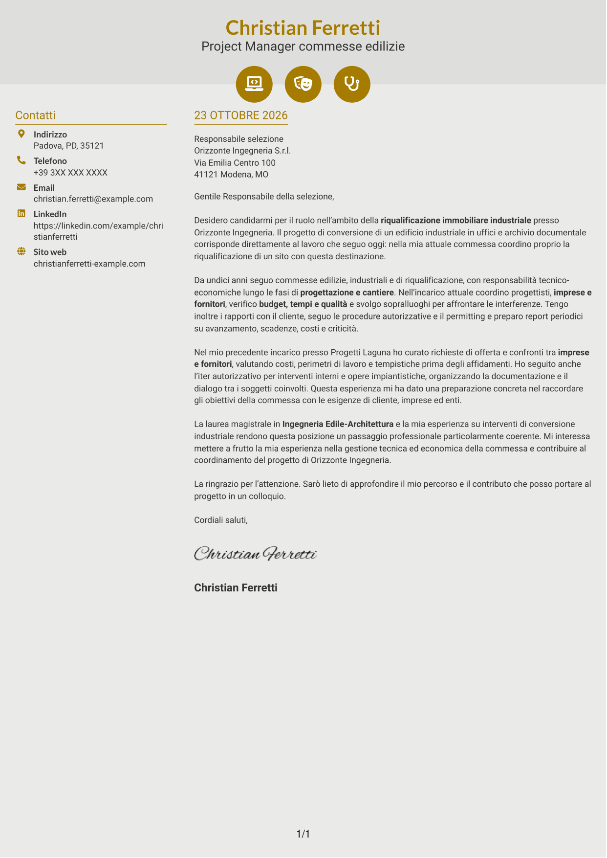 Lettera di presentazione Dinamico (formato a due colonne con icone): Ingegnere Edile / Architetto - Riqualificazione immobiliare industriale, pagina 1
