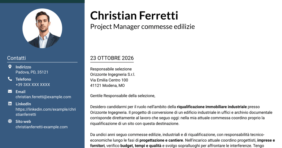 7 modelli di lettera di presentazione per Ingegnere Edile / Architetto - Riqualificazione immobiliare industriale, con esempi