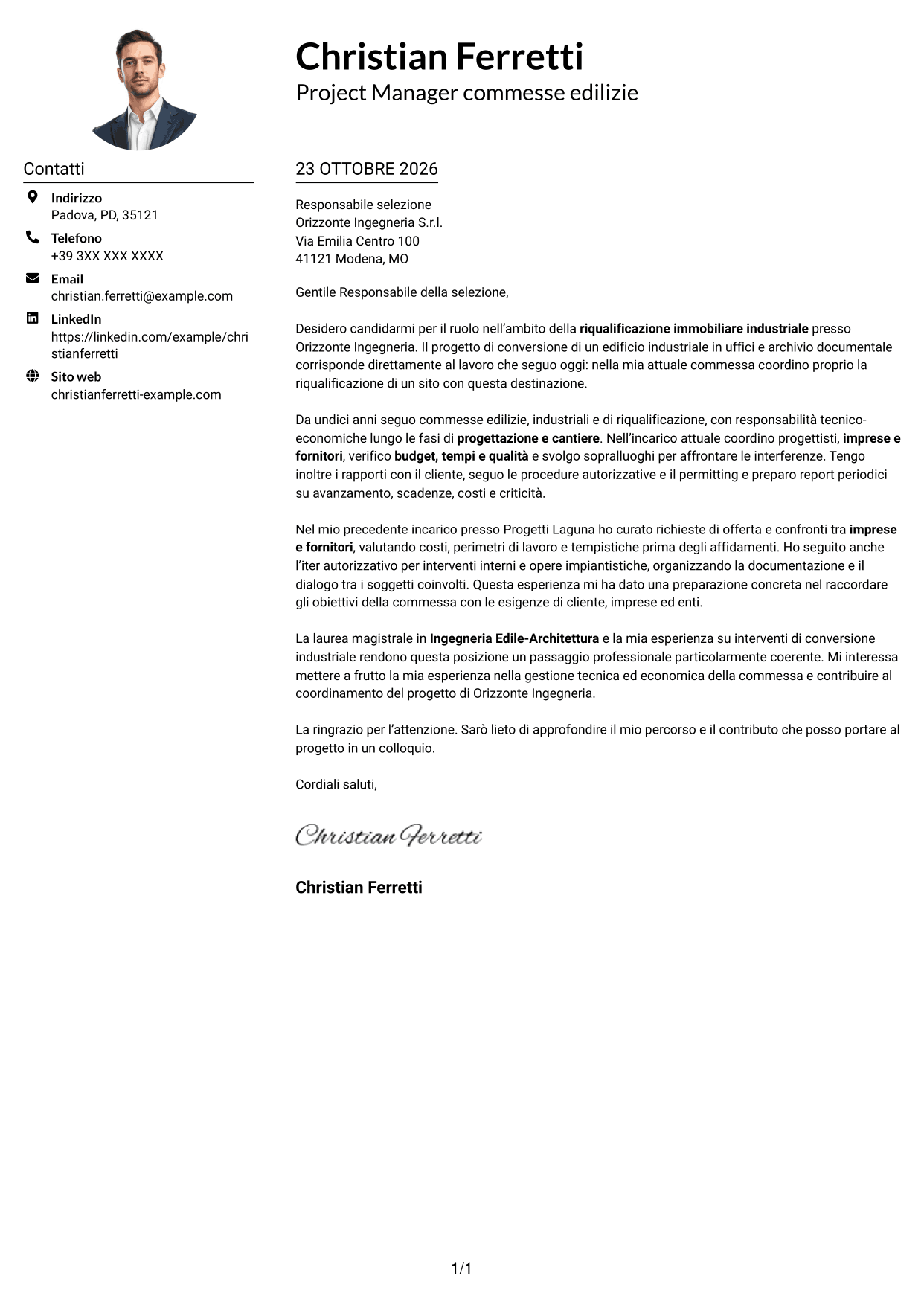 Esempio di lettera di presentazione — pagina 1