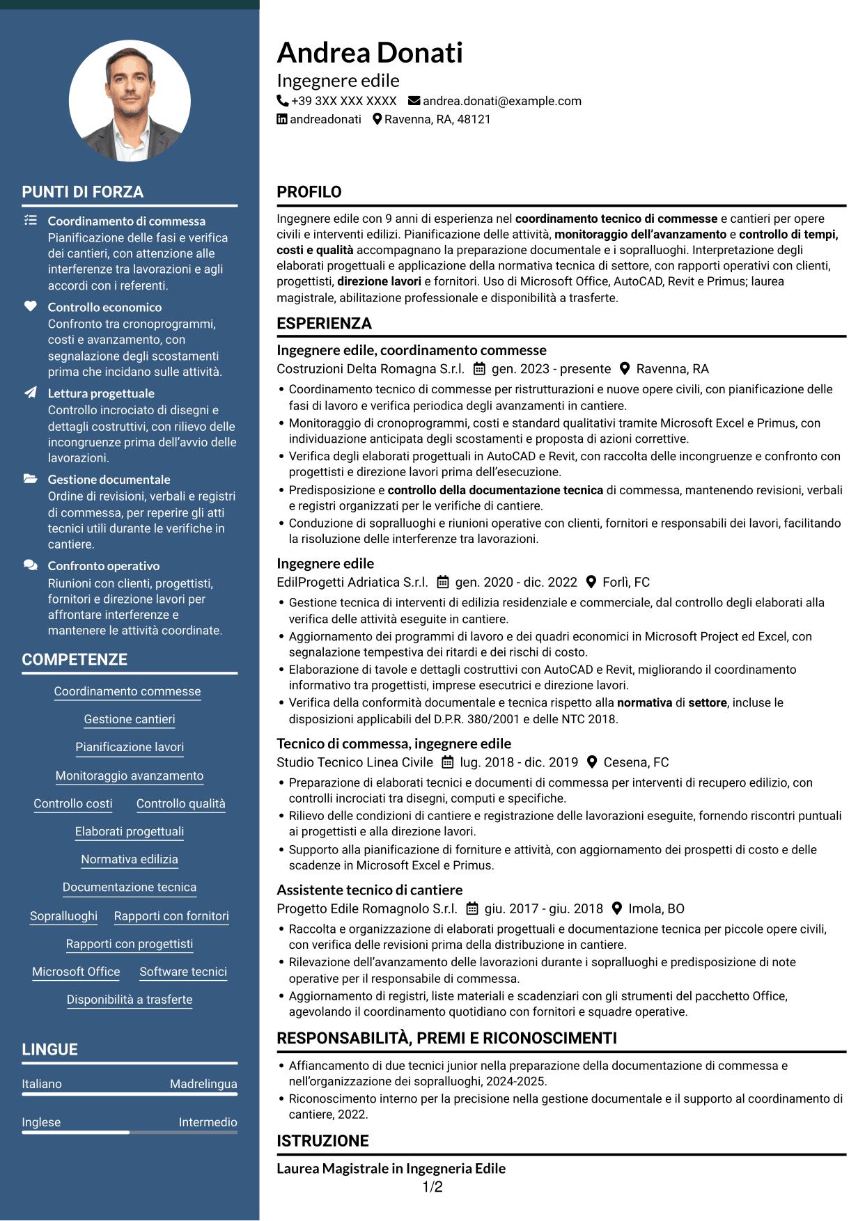 CV Elegante (formato con colonna laterale colorata e foto): Ingegnere edile - Gestione di commesse e cantieri, pagina 1