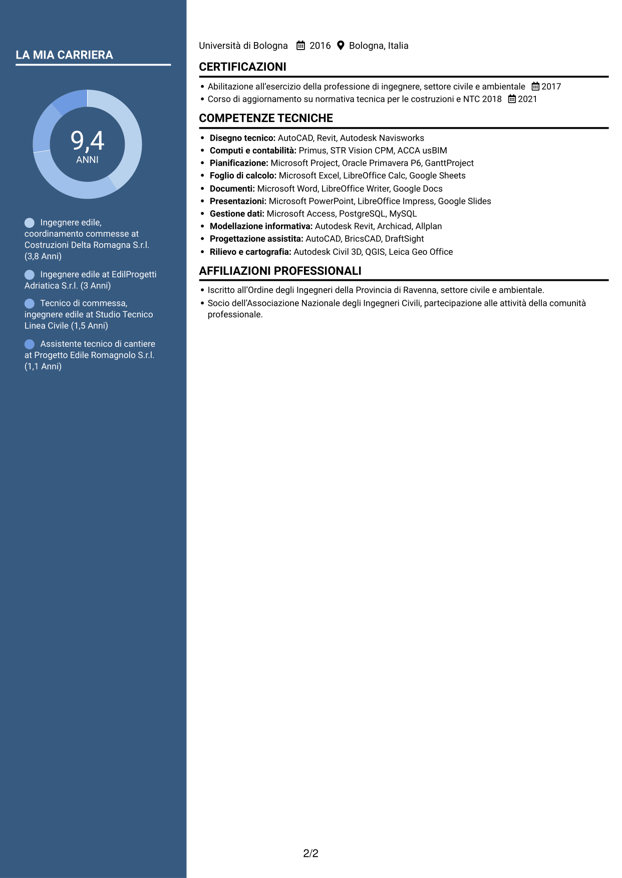 CV Elegante (formato con colonna laterale colorata e foto): Ingegnere edile - Gestione di commesse e cantieri, pagina 2