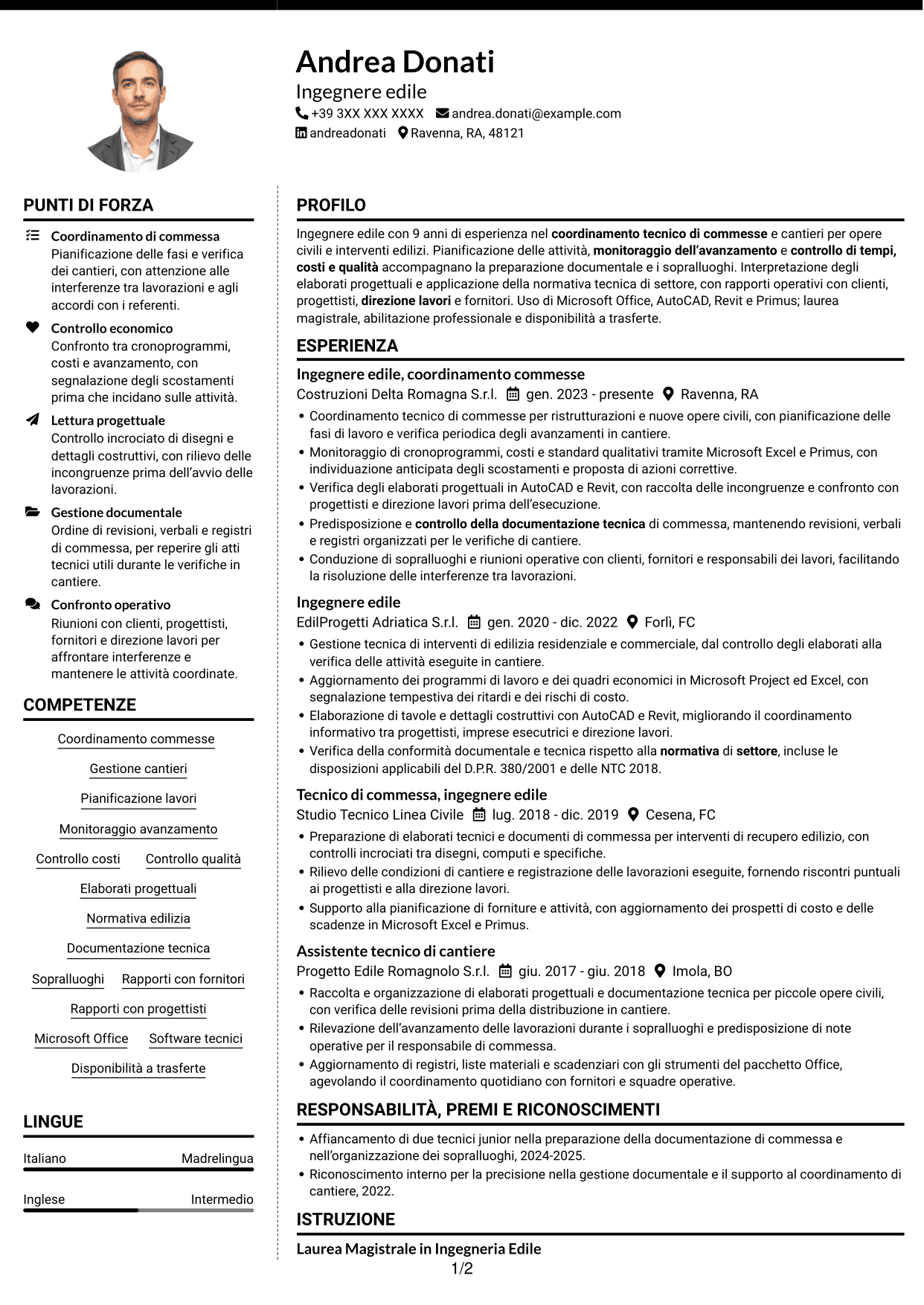 CV Moderno (formato a due colonne con foto a sinistra e separatore): Ingegnere edile - Gestione di commesse e cantieri, pagina 1