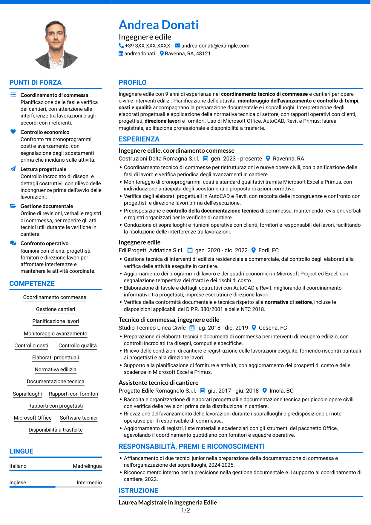 CV Audace (formato a due colonne con accenti colorati e foto): Ingegnere edile - Gestione di commesse e cantieri, pagina 1