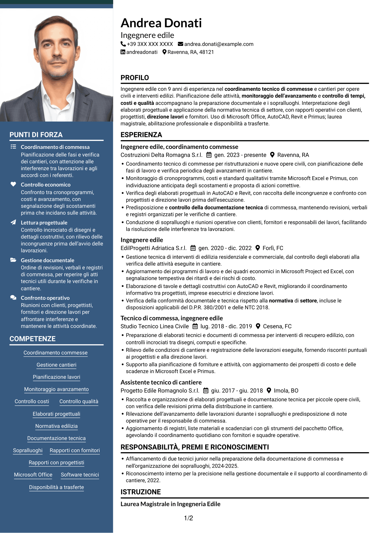 CV Signature (formato con colonna laterale colorata e foto grande): Ingegnere edile - Gestione di commesse e cantieri, pagina 1