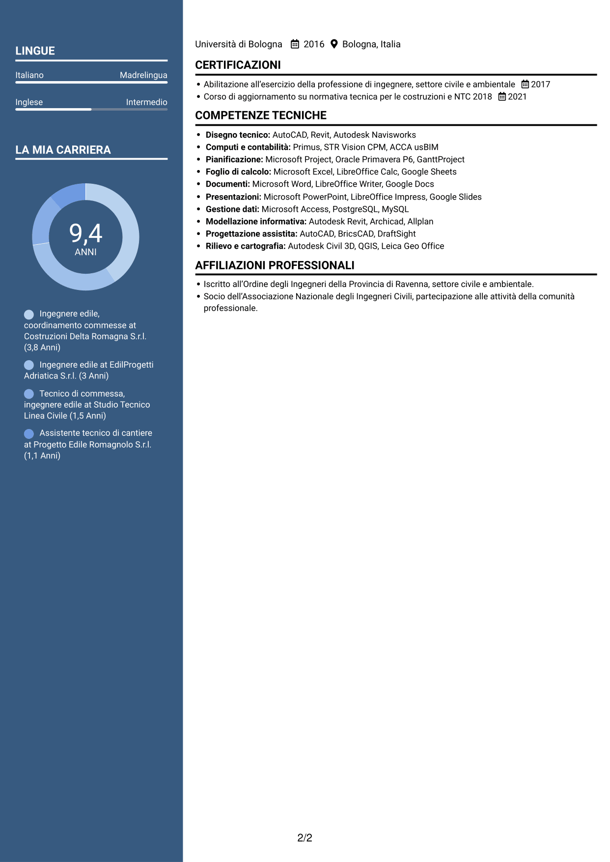 CV Signature (formato con colonna laterale colorata e foto grande): Ingegnere edile - Gestione di commesse e cantieri, pagina 2