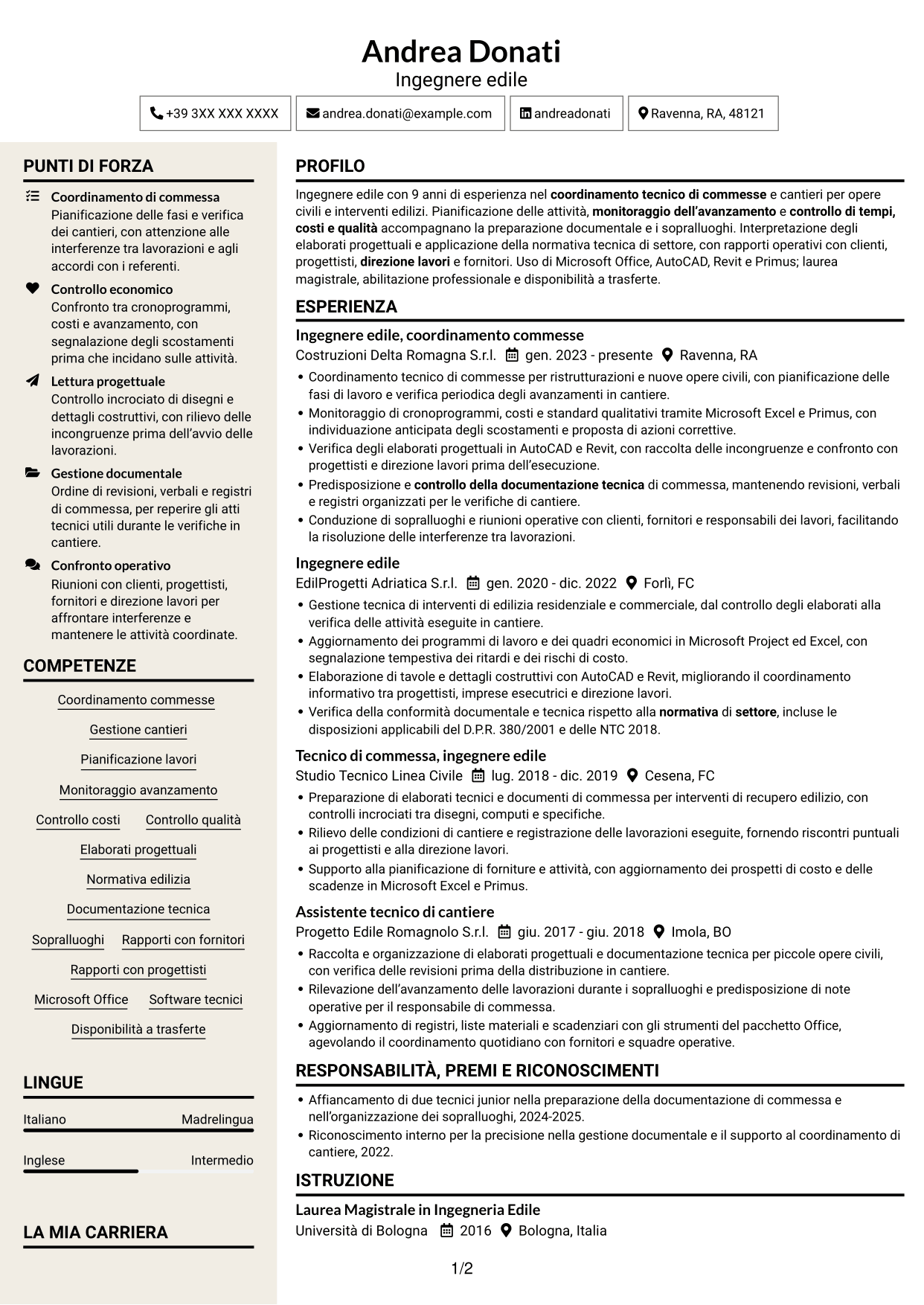 CV Intraprendente (formato a due colonne con intestazione centrata senza foto): Ingegnere edile - Gestione di commesse e cantieri, pagina 1