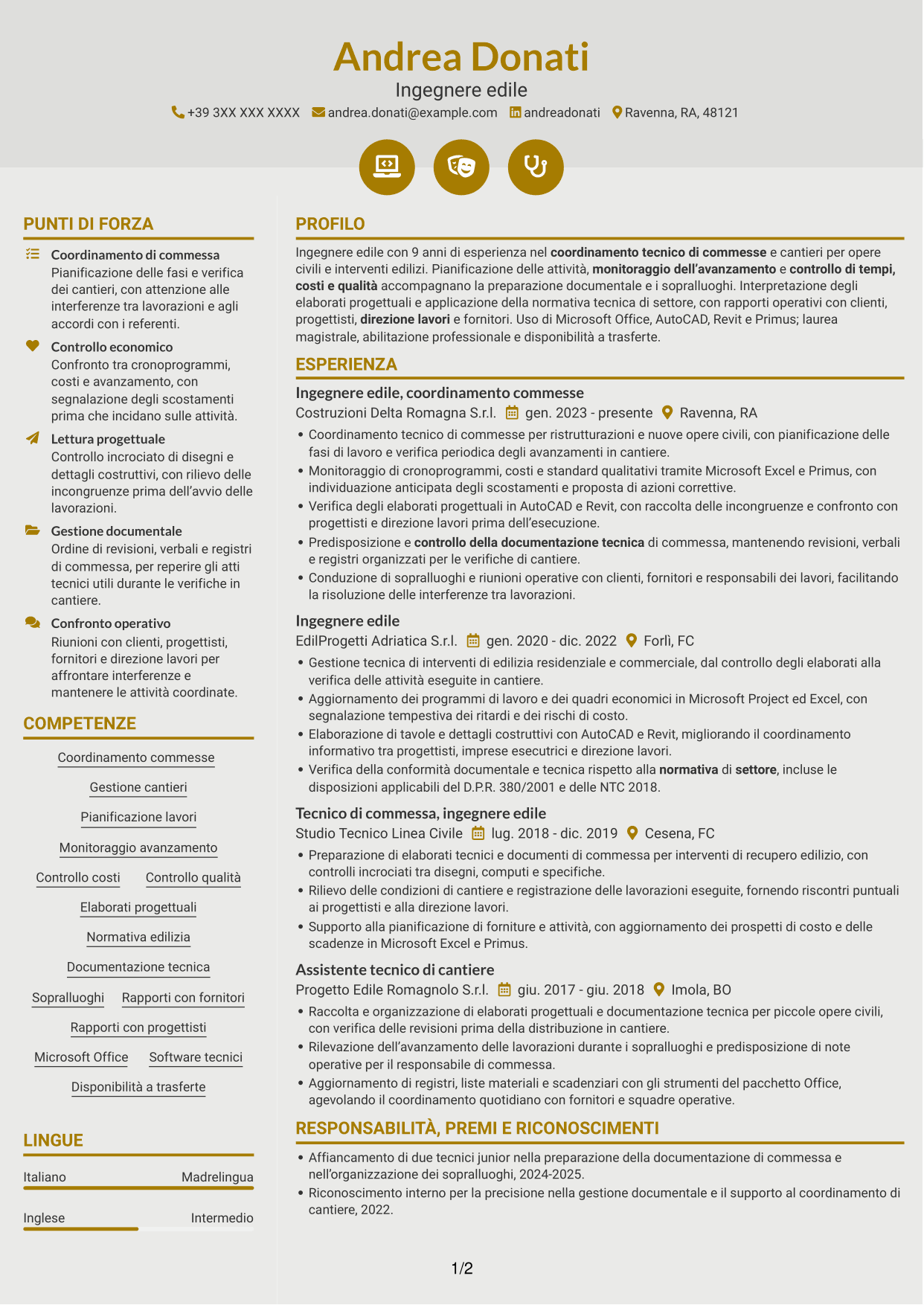 CV Dinamico (formato a due colonne con icone): Ingegnere edile - Gestione di commesse e cantieri, pagina 1