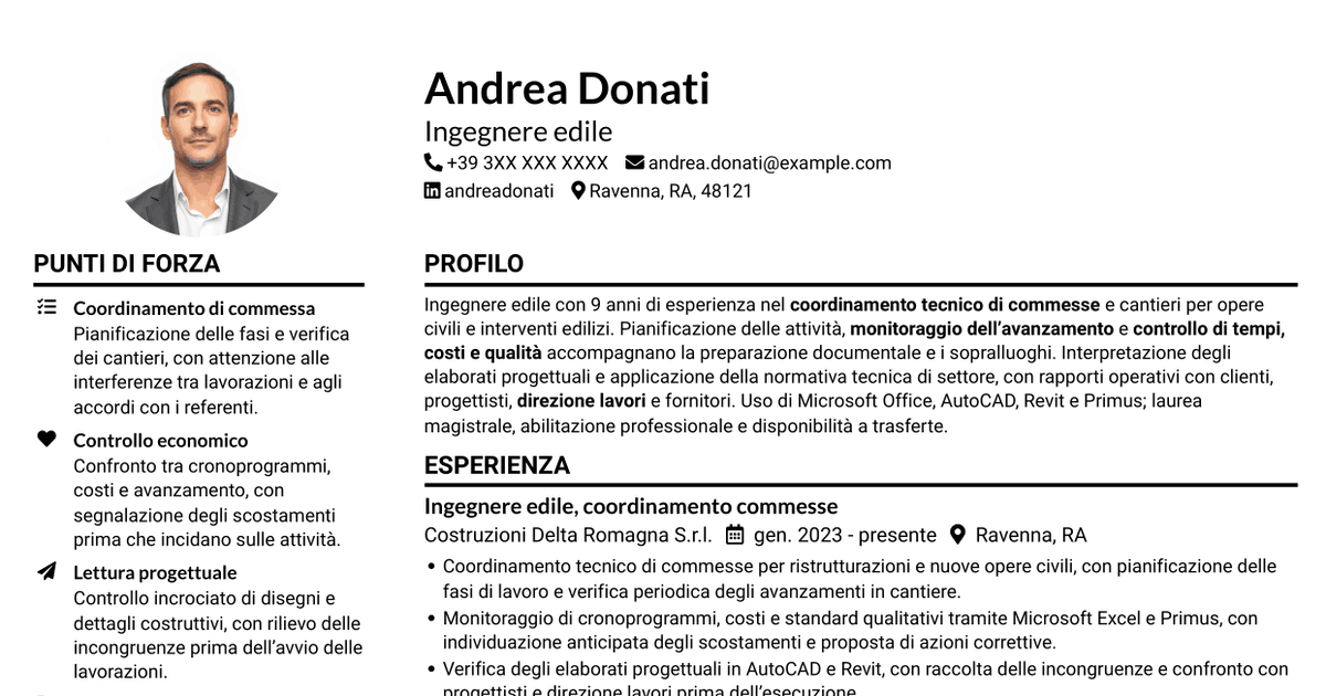 7 modelli di CV per Ingegnere edile - Gestione di commesse e cantieri, con esempi