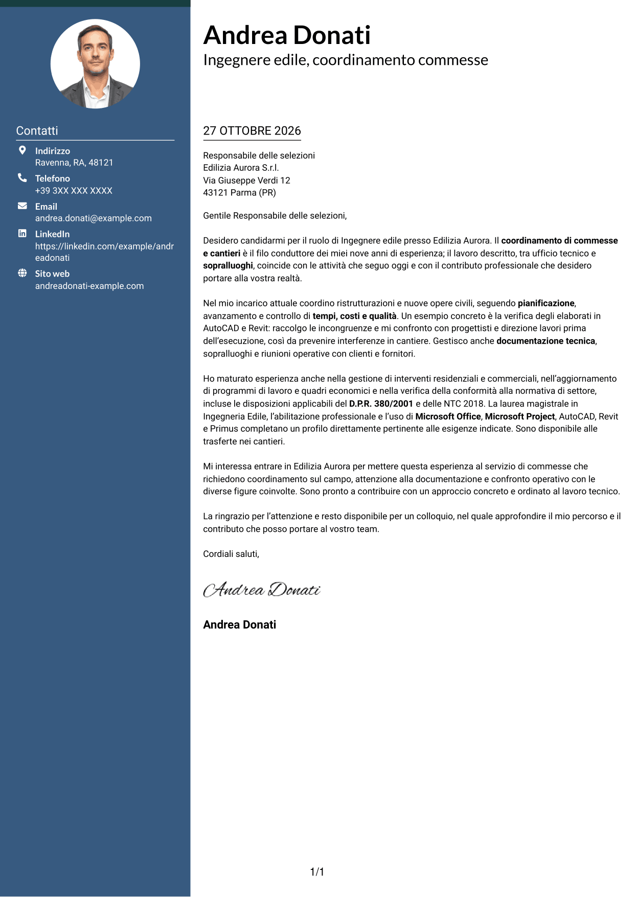 Lettera di presentazione Elegante (formato con colonna laterale colorata e foto): Ingegnere edile - Gestione di commesse e cantieri, pagina 1