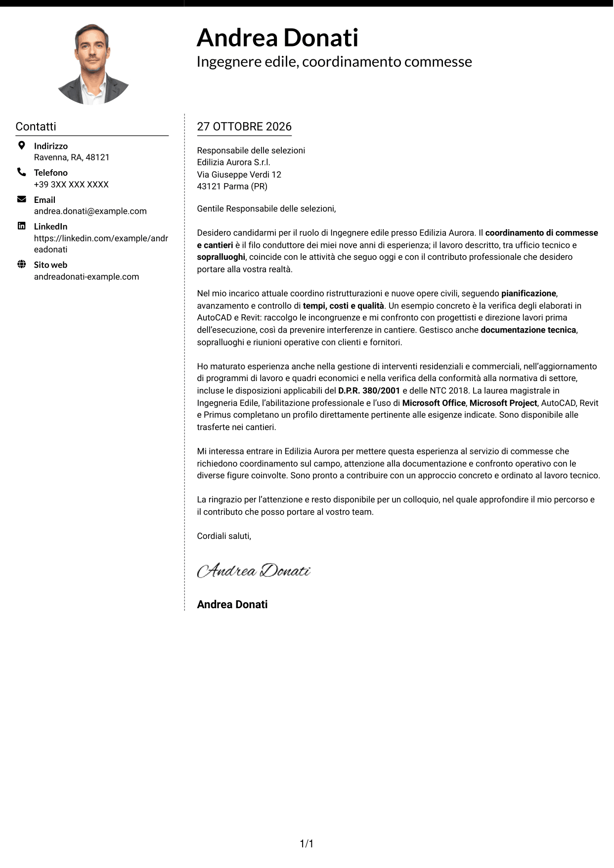 Lettera di presentazione Moderno (formato a due colonne con foto a sinistra e separatore): Ingegnere edile - Gestione di commesse e cantieri, pagina 1