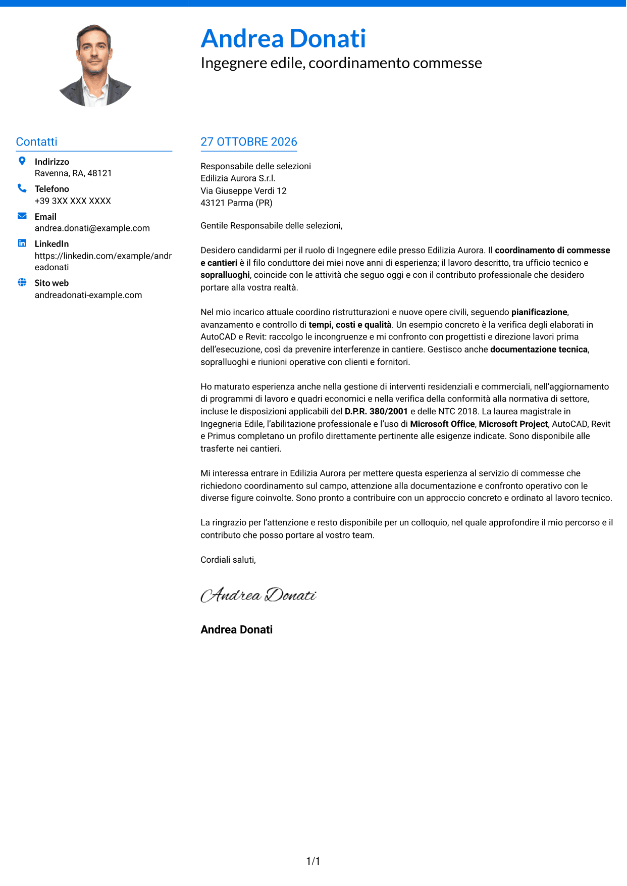 Lettera di presentazione Audace (formato a due colonne con accenti colorati e foto): Ingegnere edile - Gestione di commesse e cantieri, pagina 1