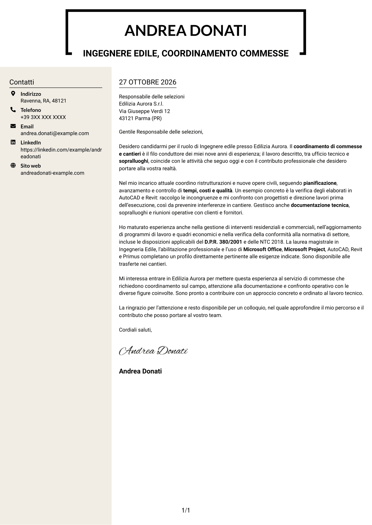 Lettera di presentazione Intraprendente (formato a due colonne con intestazione centrata senza foto): Ingegnere edile - Gestione di commesse e cantieri, pagina 1
