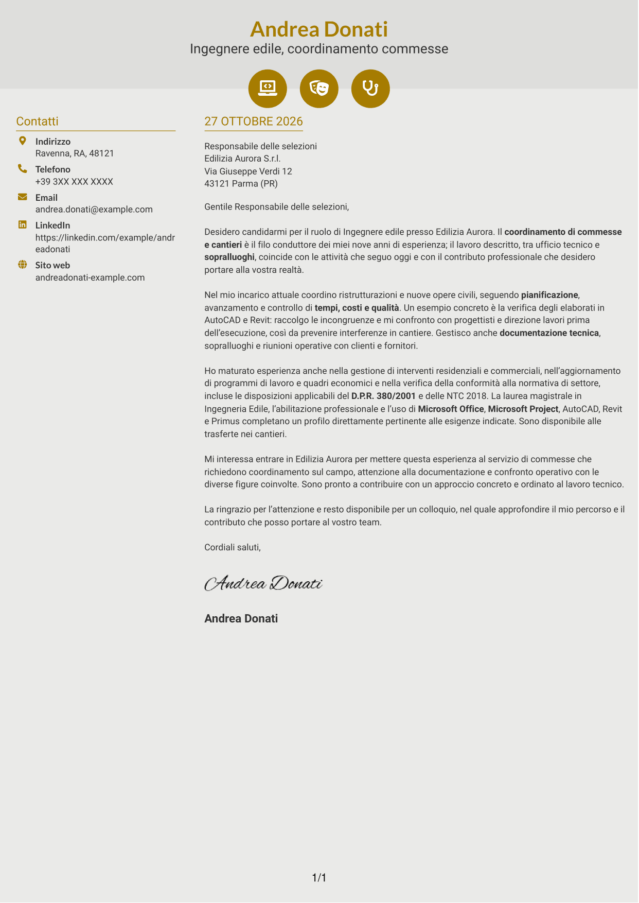 Lettera di presentazione Dinamico (formato a due colonne con icone): Ingegnere edile - Gestione di commesse e cantieri, pagina 1
