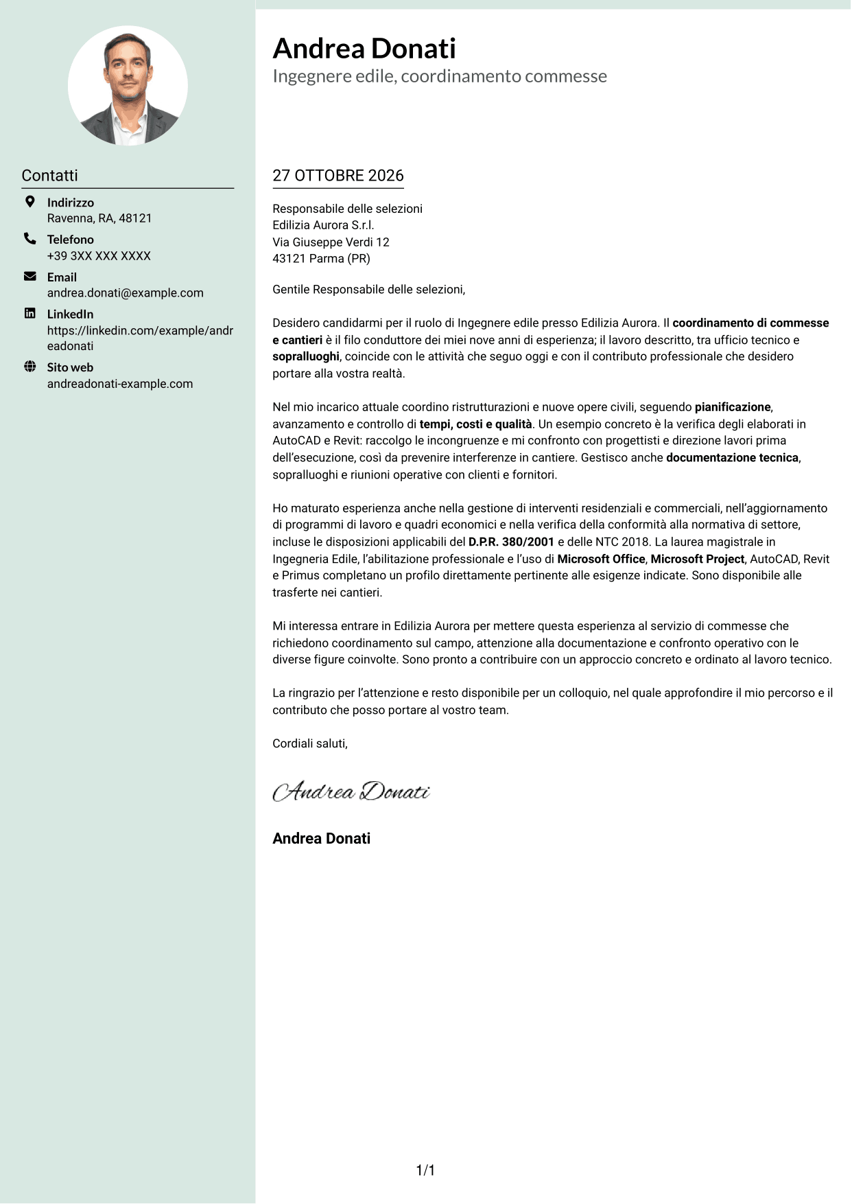 Lettera di presentazione Dirigente (formato con colonna laterale tenue e foto arrotondata): Ingegnere edile - Gestione di commesse e cantieri, pagina 1