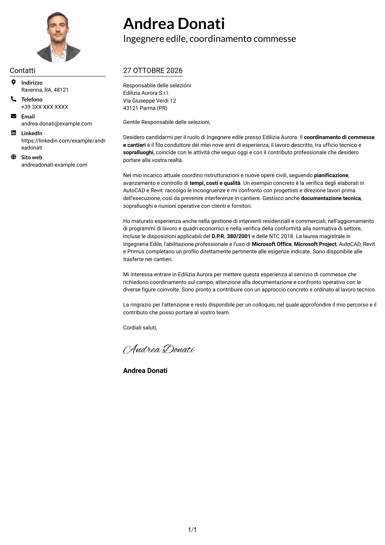 Esempio di lettera di presentazione — pagina 1