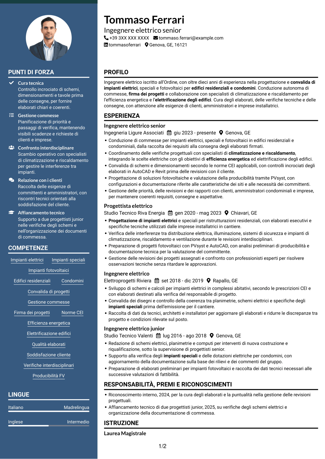 CV Elegante (formato con colonna laterale colorata e foto): Ingegnere Elettrico - Impianti elettrici e fotovoltaici, pagina 1