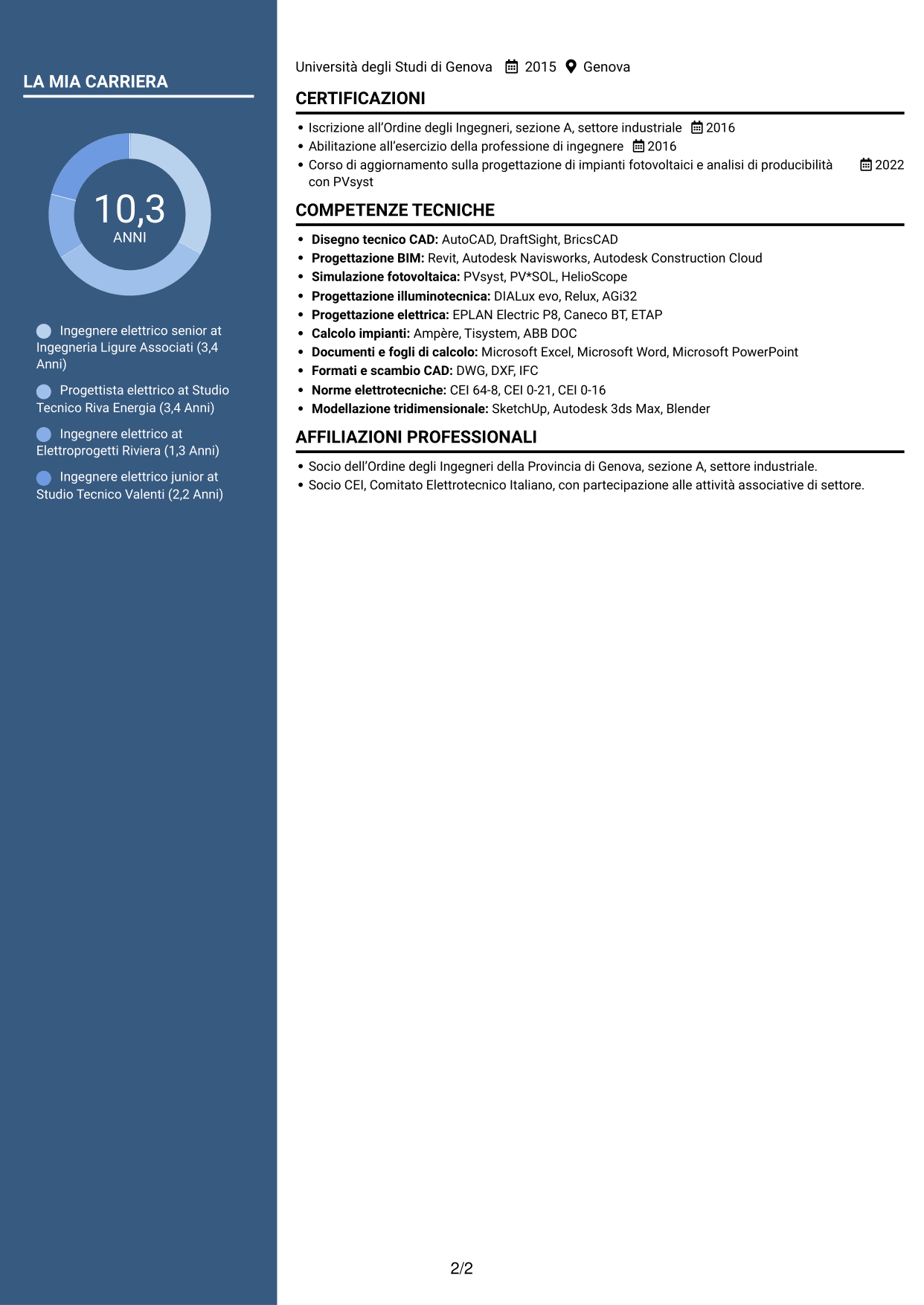 CV Elegante (formato con colonna laterale colorata e foto): Ingegnere Elettrico - Impianti elettrici e fotovoltaici, pagina 2