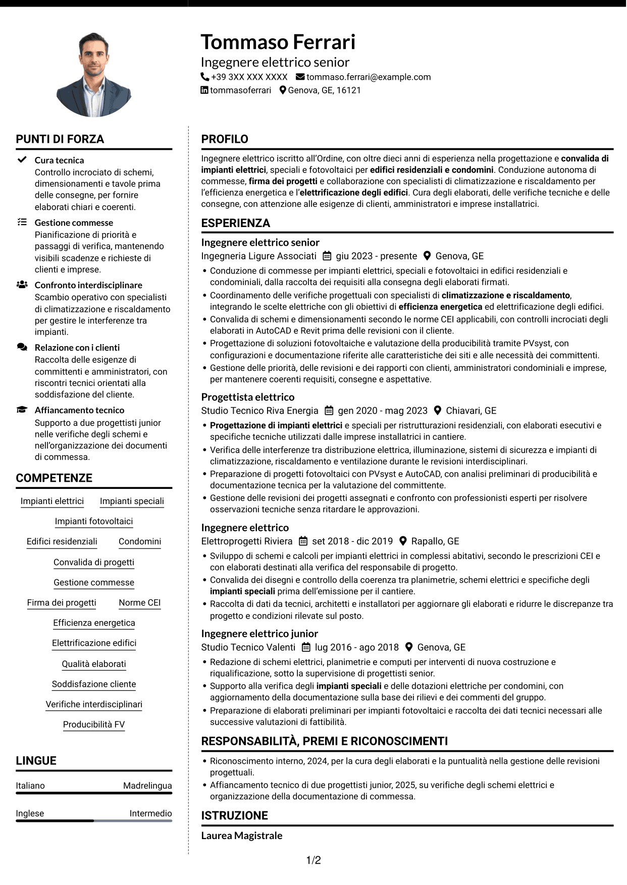 CV Moderno (formato a due colonne con foto a sinistra e separatore): Ingegnere Elettrico - Impianti elettrici e fotovoltaici, pagina 1