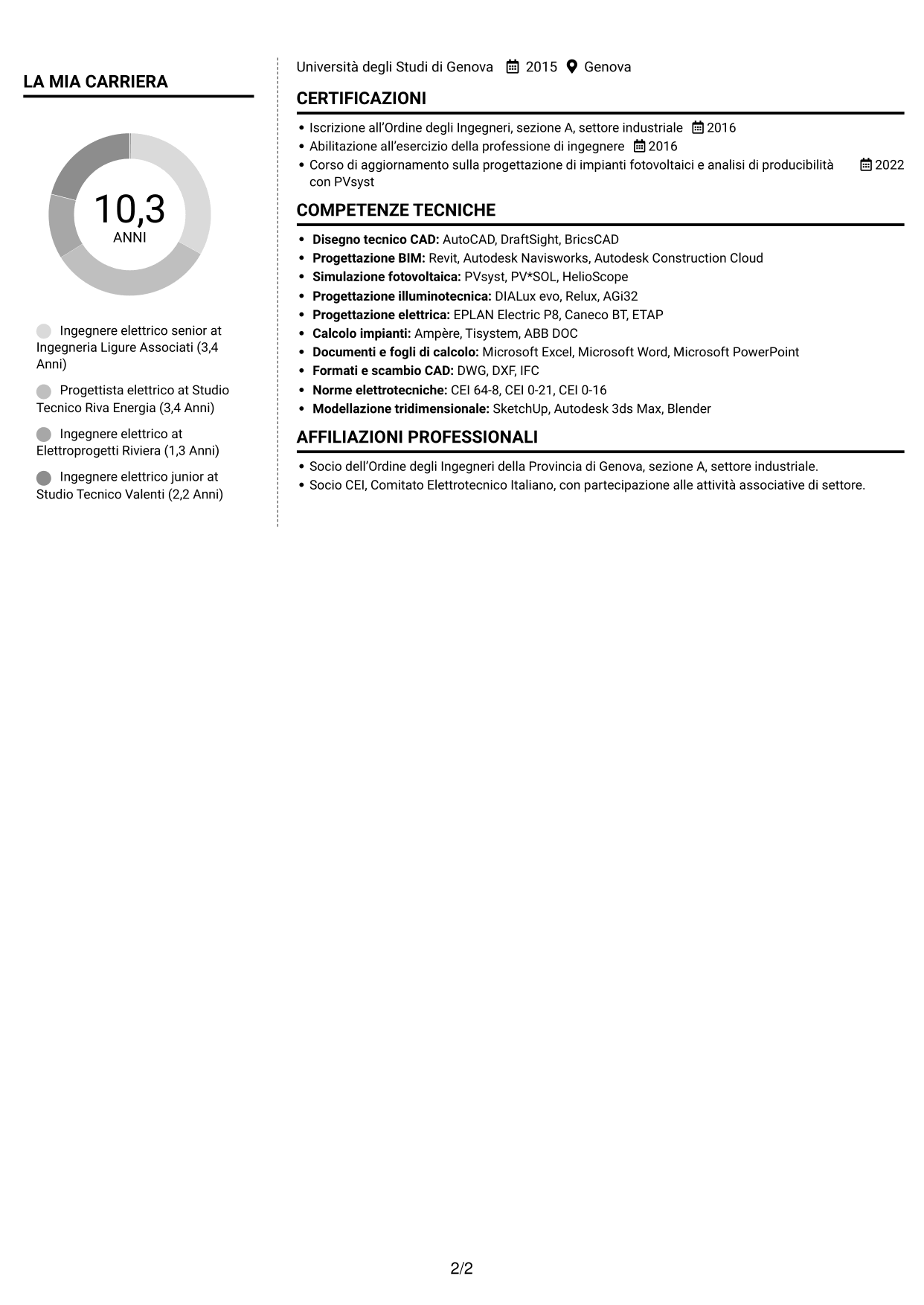 CV Moderno (formato a due colonne con foto a sinistra e separatore): Ingegnere Elettrico - Impianti elettrici e fotovoltaici, pagina 2