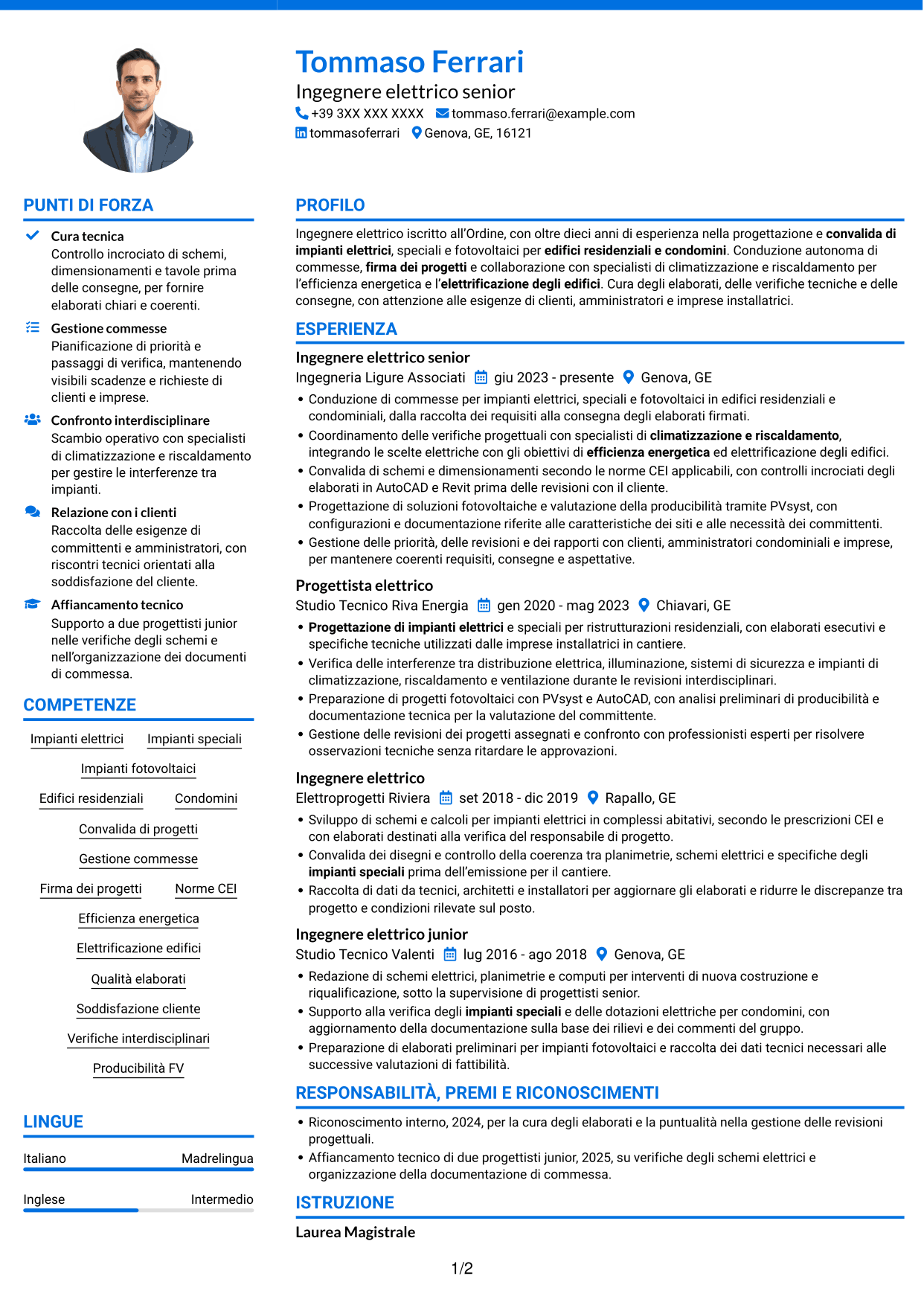 CV Audace (formato a due colonne con accenti colorati e foto): Ingegnere Elettrico - Impianti elettrici e fotovoltaici, pagina 1