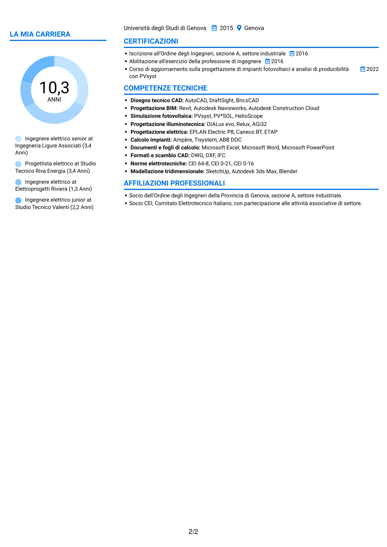CV Audace (formato a due colonne con accenti colorati e foto): Ingegnere Elettrico - Impianti elettrici e fotovoltaici, pagina 2