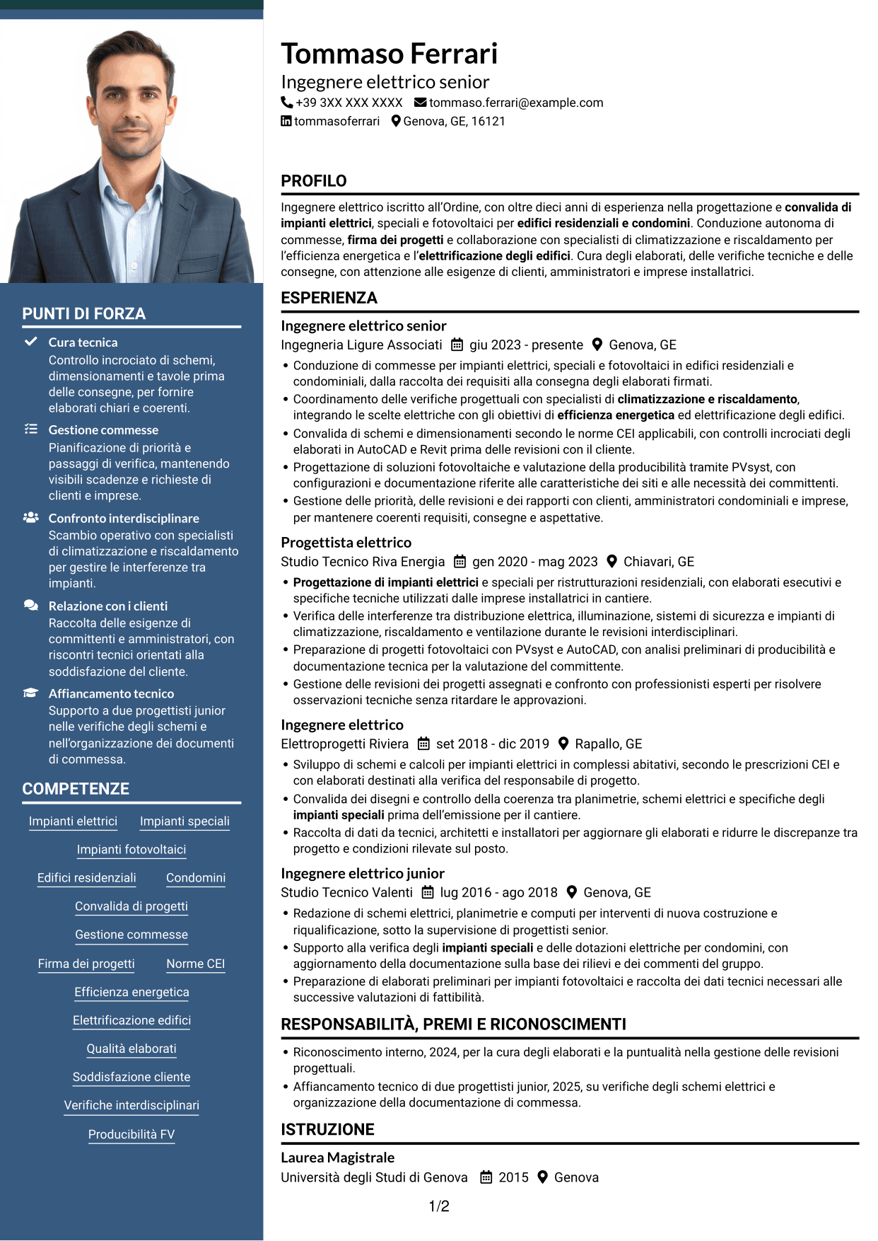 CV Signature (formato con colonna laterale colorata e foto grande): Ingegnere Elettrico - Impianti elettrici e fotovoltaici, pagina 1