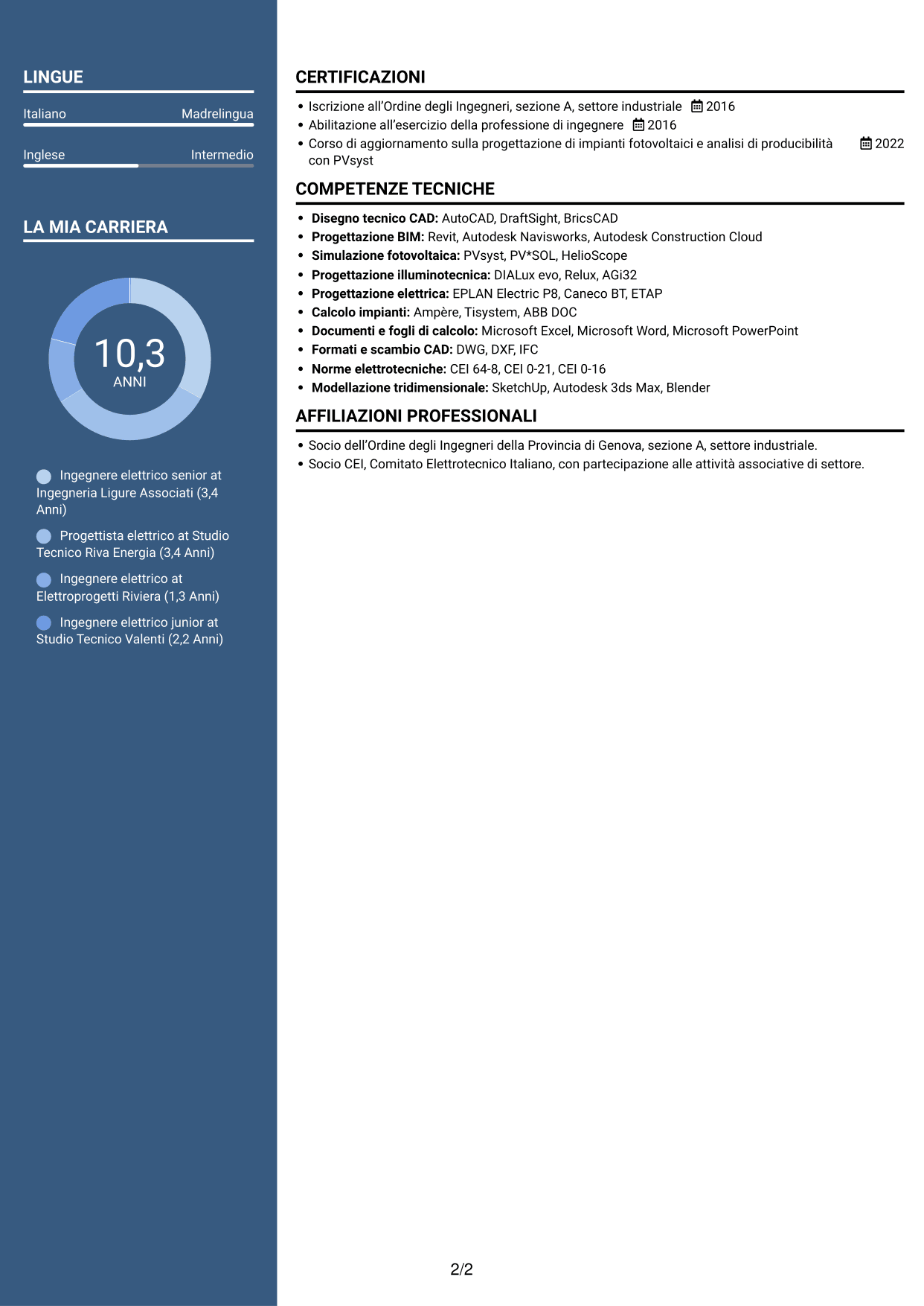 CV Signature (formato con colonna laterale colorata e foto grande): Ingegnere Elettrico - Impianti elettrici e fotovoltaici, pagina 2