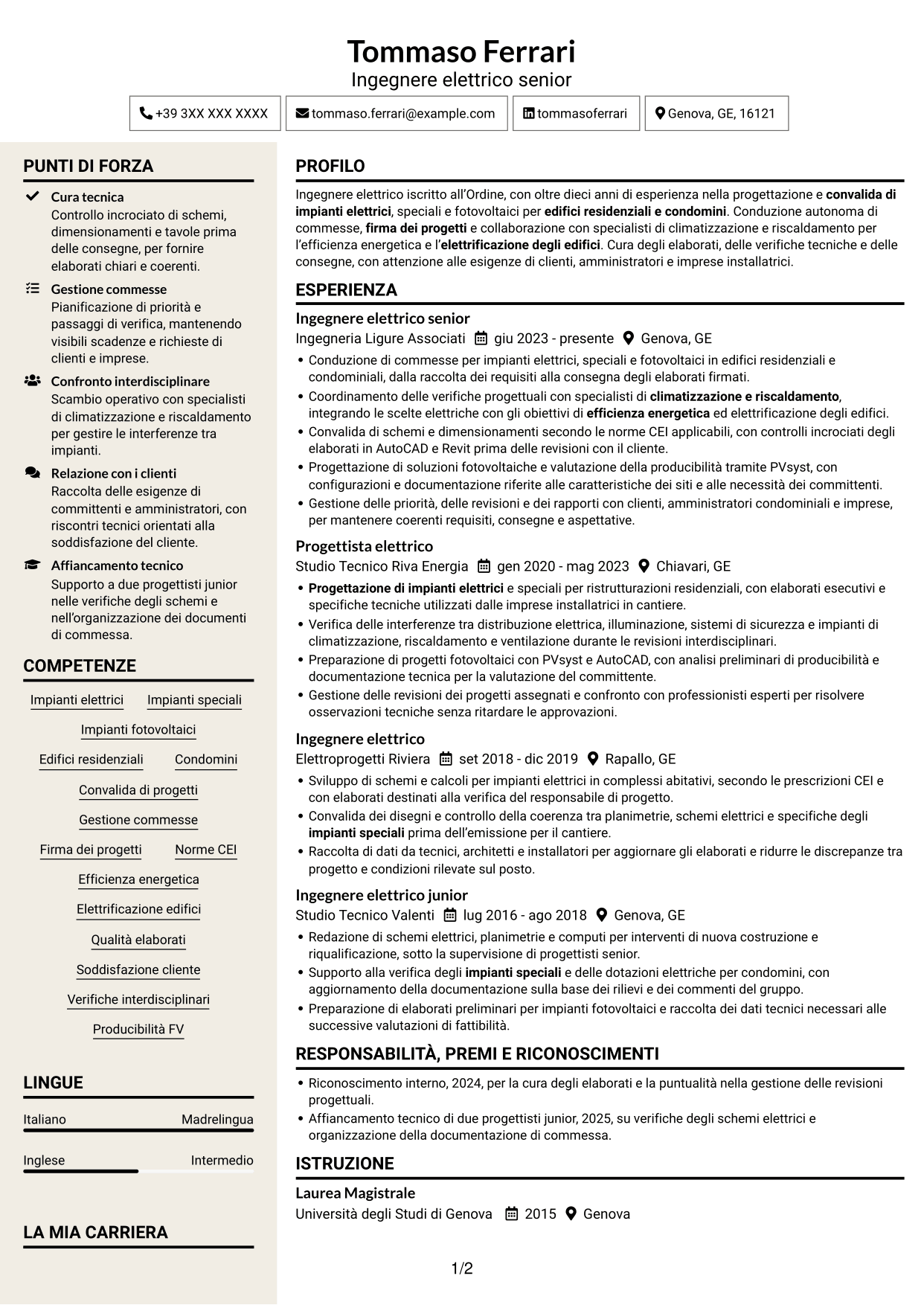 CV Intraprendente (formato a due colonne con intestazione centrata senza foto): Ingegnere Elettrico - Impianti elettrici e fotovoltaici, pagina 1
