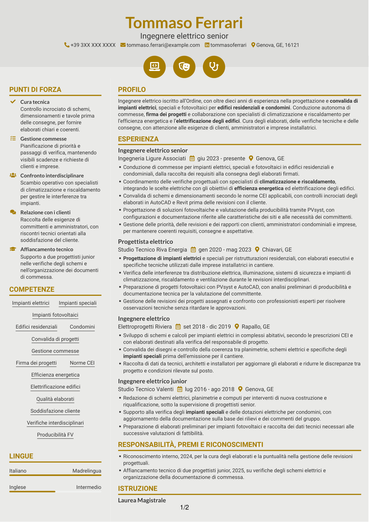 CV Dinamico (formato a due colonne con icone): Ingegnere Elettrico - Impianti elettrici e fotovoltaici, pagina 1