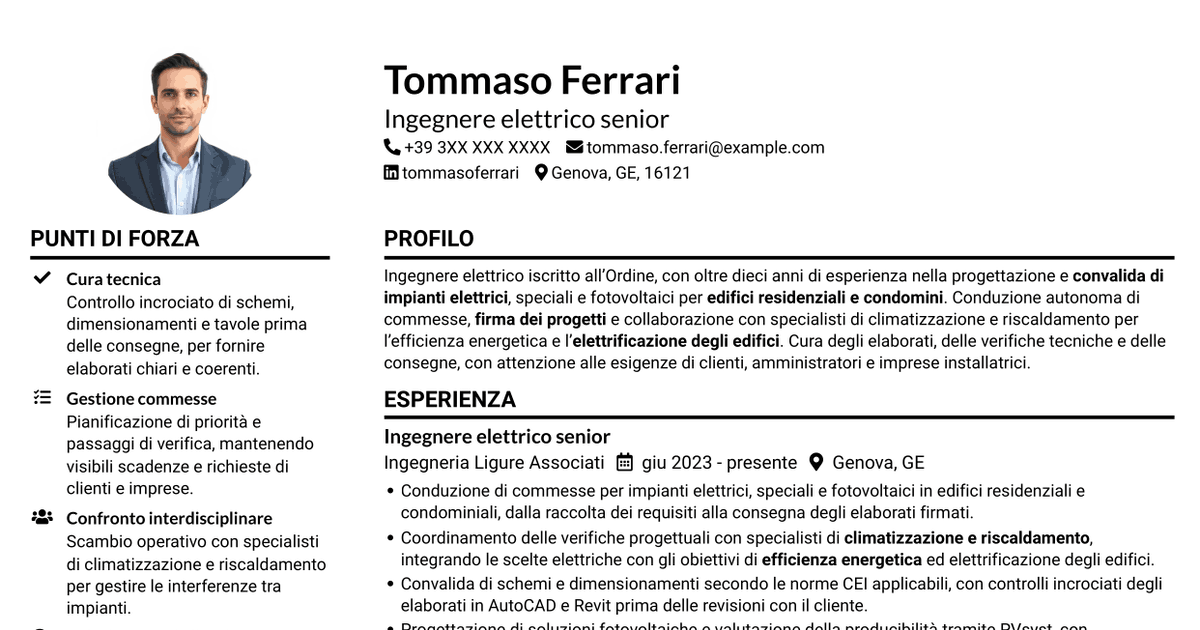 7 modelli di CV per Ingegnere Elettrico - Impianti elettrici e fotovoltaici, con esempi