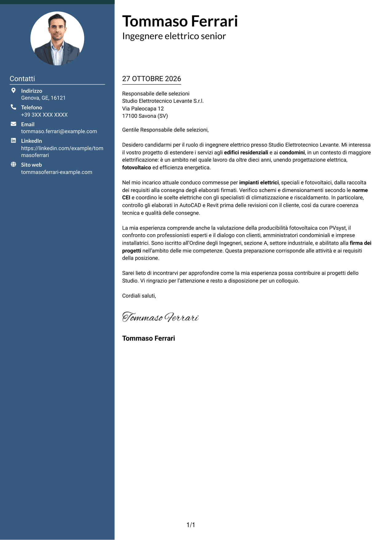 Lettera di presentazione Elegante (formato con colonna laterale colorata e foto): Ingegnere Elettrico - Impianti elettrici e fotovoltaici, pagina 1