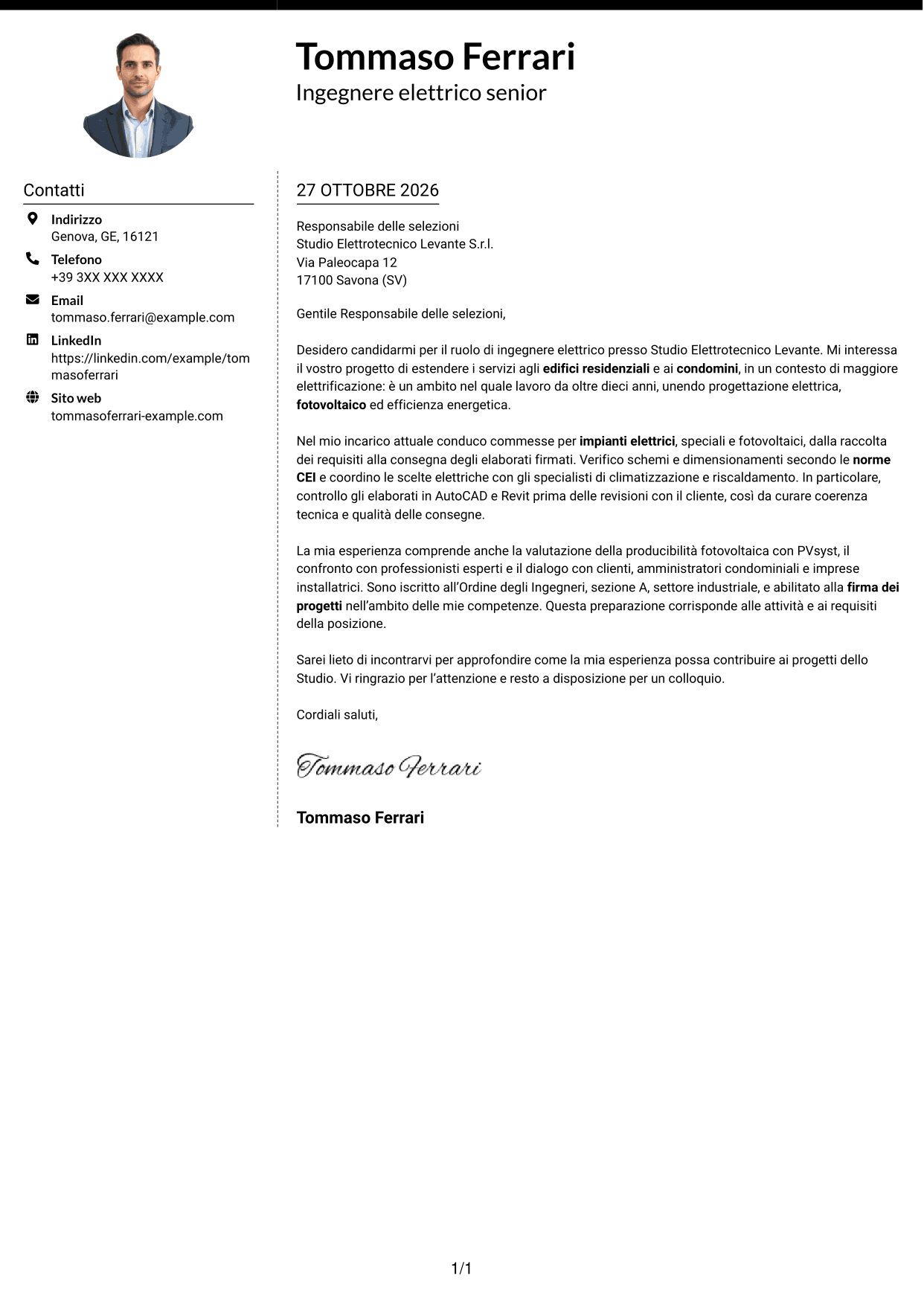 Lettera di presentazione Moderno (formato a due colonne con foto a sinistra e separatore): Ingegnere Elettrico - Impianti elettrici e fotovoltaici, pagina 1