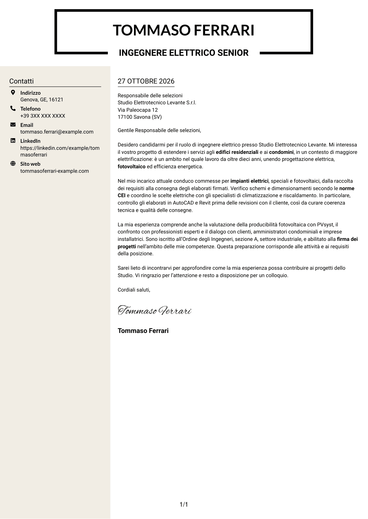 Lettera di presentazione Intraprendente (formato a due colonne con intestazione centrata senza foto): Ingegnere Elettrico - Impianti elettrici e fotovoltaici, pagina 1