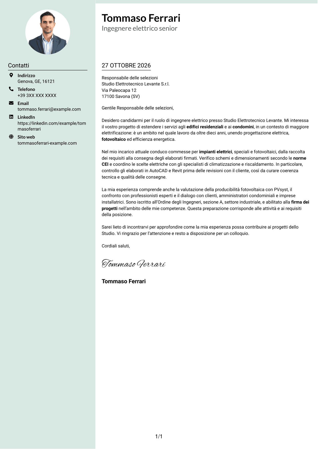 Lettera di presentazione Dirigente (formato con colonna laterale tenue e foto arrotondata): Ingegnere Elettrico - Impianti elettrici e fotovoltaici, pagina 1