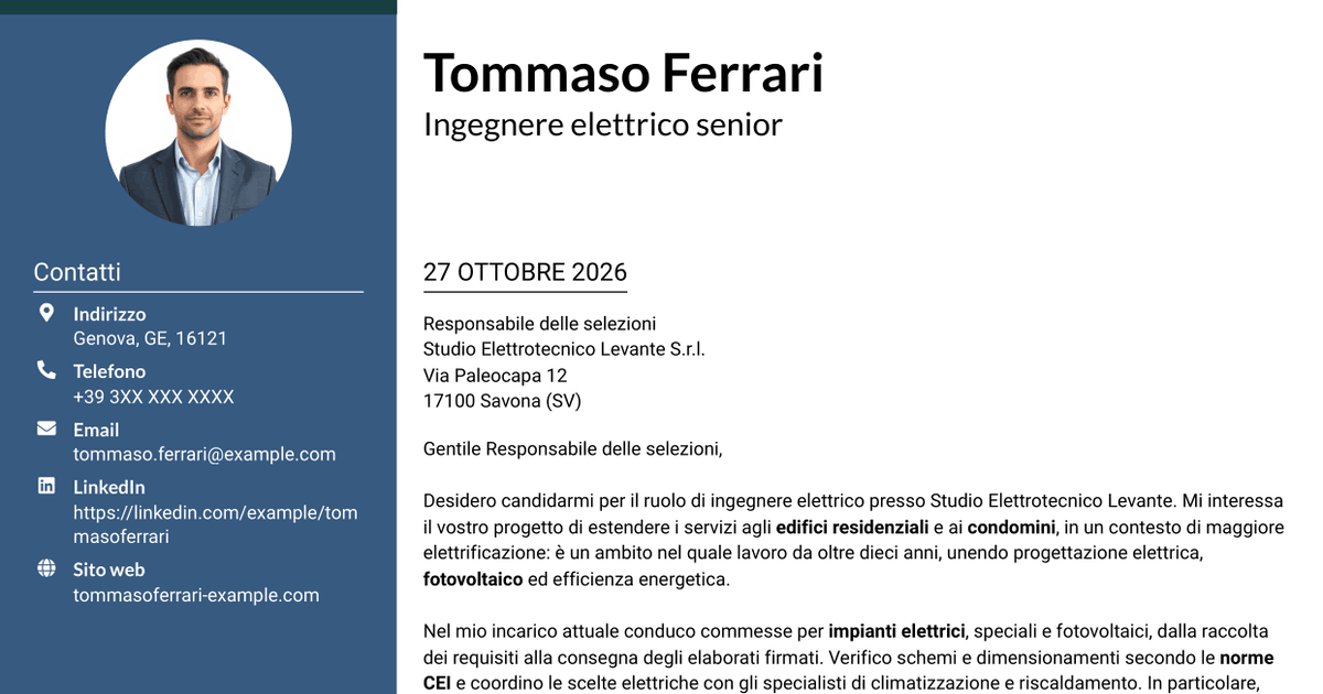 7 modelli di lettera di presentazione per Ingegnere Elettrico - Impianti elettrici e fotovoltaici, con esempi